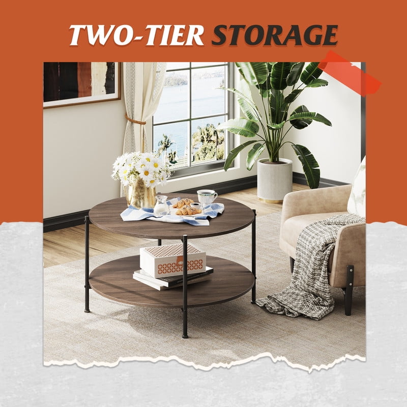 GALAXHERO Round Small Coffee Table 32.6" Side End Table with Open Storage Shelf 2-Tier Industrial Circle Wood Center Table for Living Room Bedroom