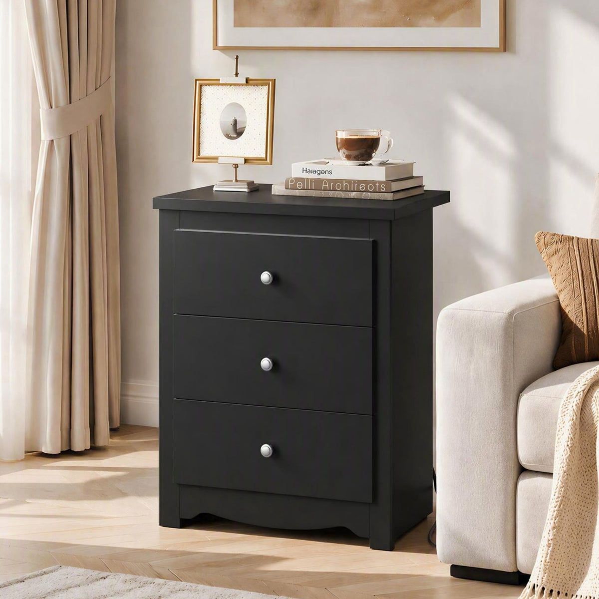 GALAXHERO Nightstand with Charging Station, 3-Drawer Tall Wood Bedside Table & End Table for Bedroom Living Room Dorm