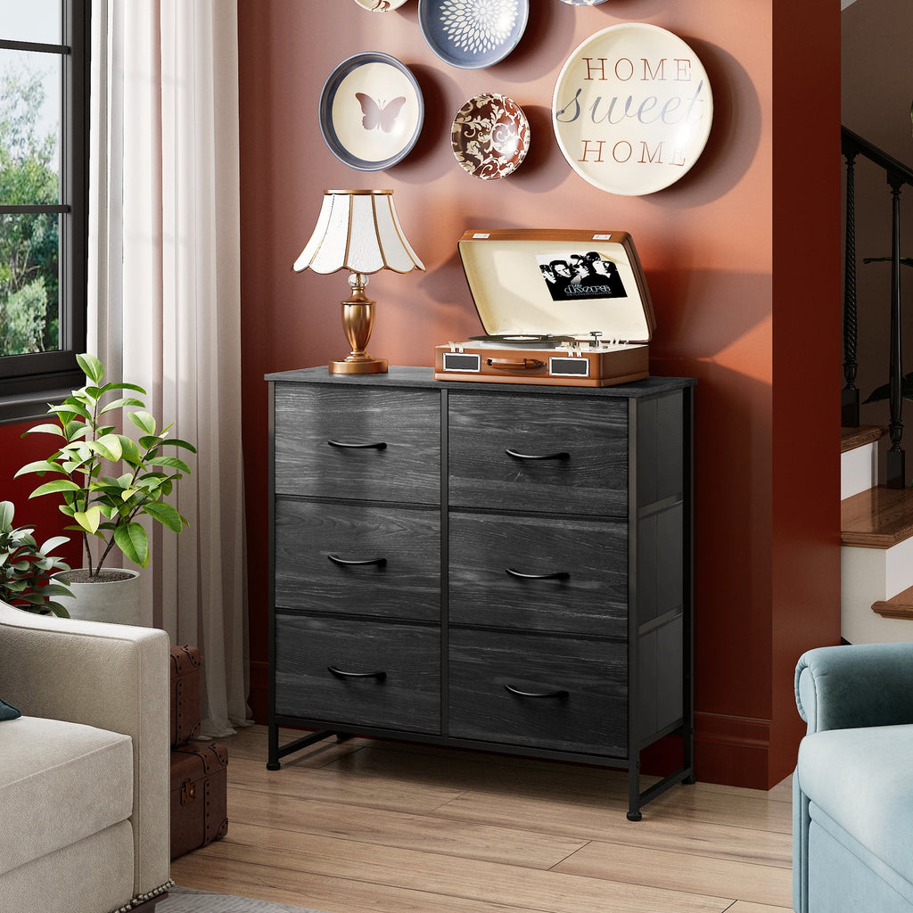GALAXHERO 6 Drawer Dresser, Black Fabric Double Dresser, Storage Tower with Fabric Bins, Chest of Drawers for Bedroom, Closet, Living Room, Hallway