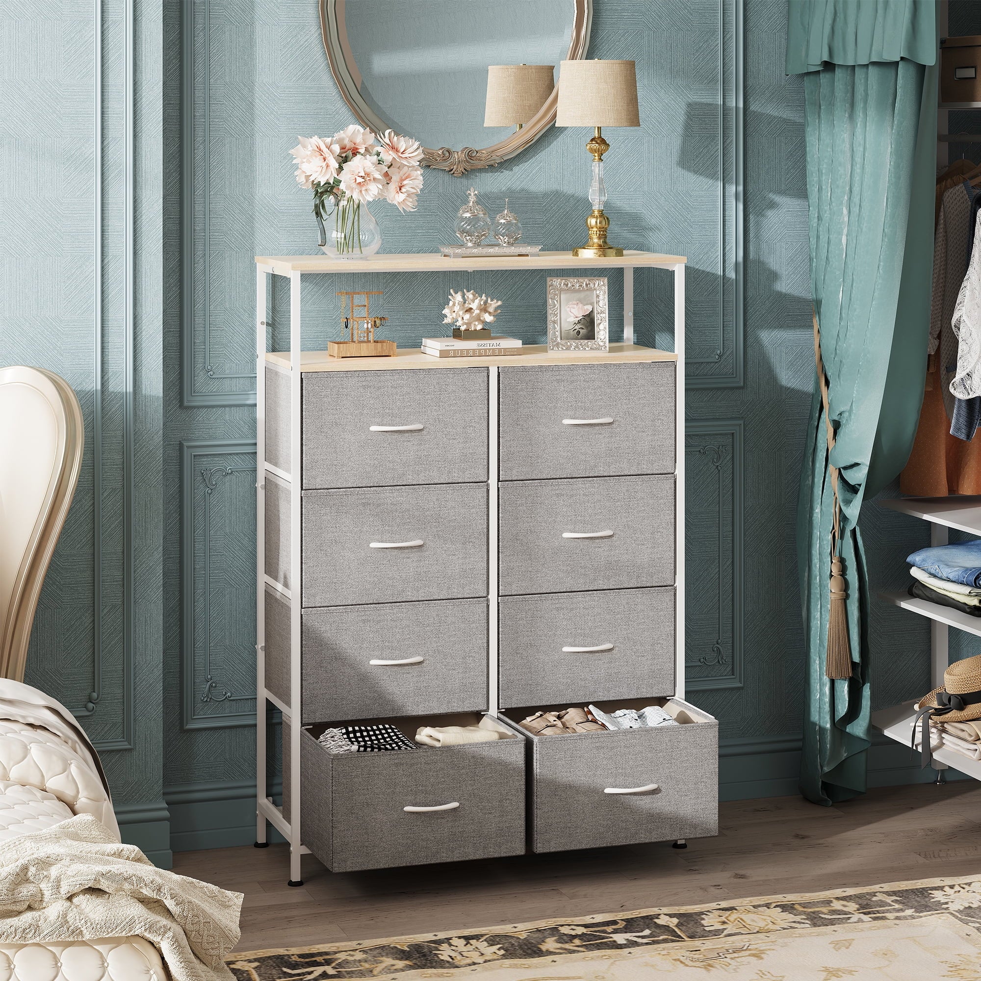 GALAXHERO 8 Drawer Dresser for Bedroom, Open Storage Shelves, Wooden Top, Fabric Bins for Closet, Living Room, Hallway