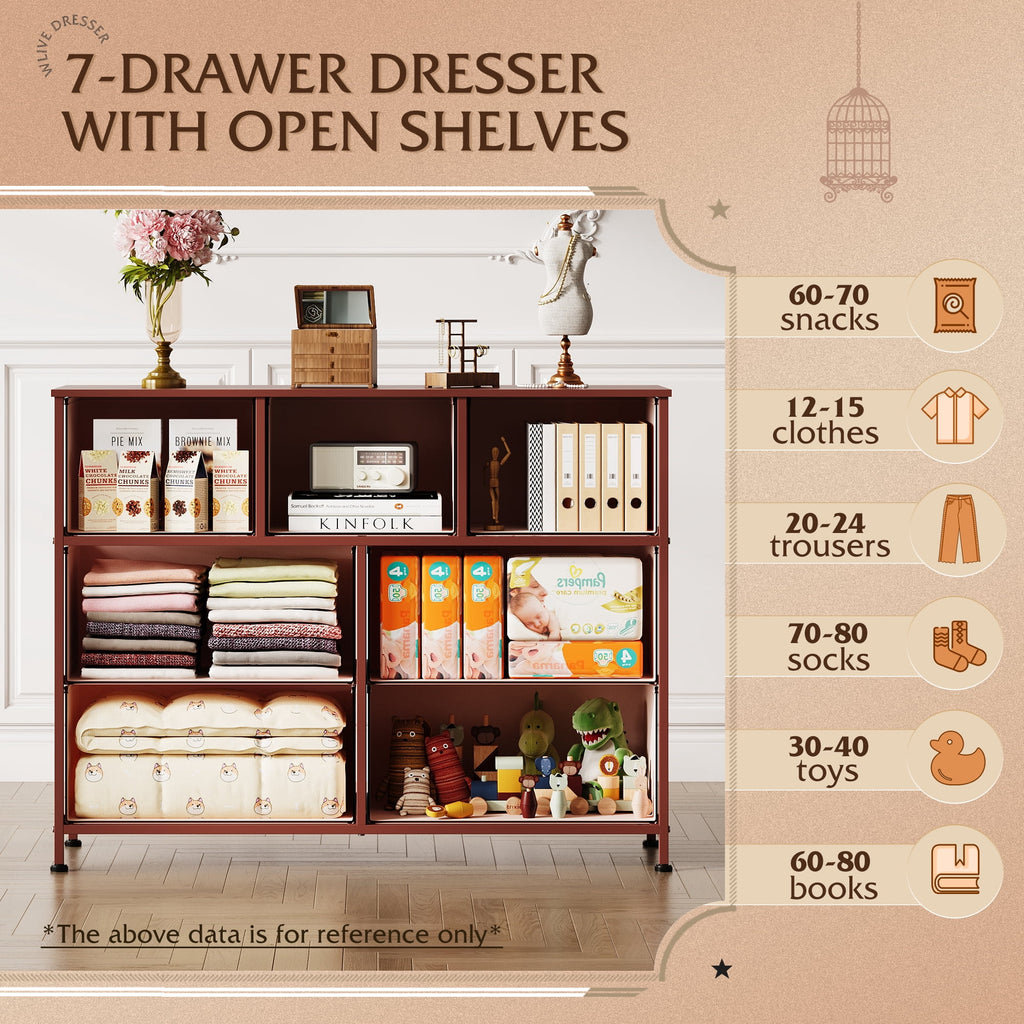 GALAXHERO 7 Drawer Dresser, TV Stands for 45" TV, Chest of Drawers with Fabric Bin for Bedroom, Living Room, Entryway
