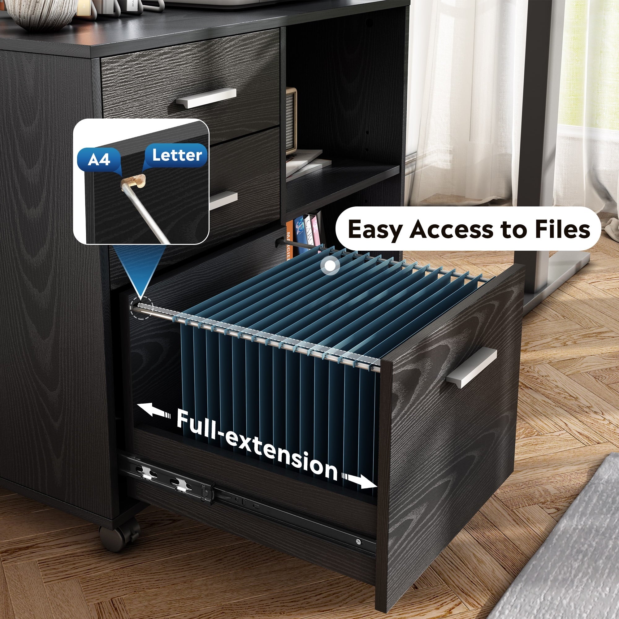GALAXHERO 3-Drawer Wood Lateral Filing Cabinet, Mobile Printer Stand with Open Shelves for Home Office, Black