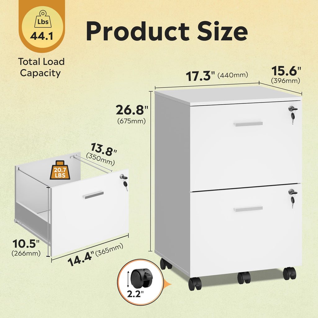 GALAXHERO 2 Drawer Filing Cabinet with Lock, Wooden Printer Stand with Storage for Home Office, Mobile Locking File Cabinet Fits Letter/A4 Hanging Files