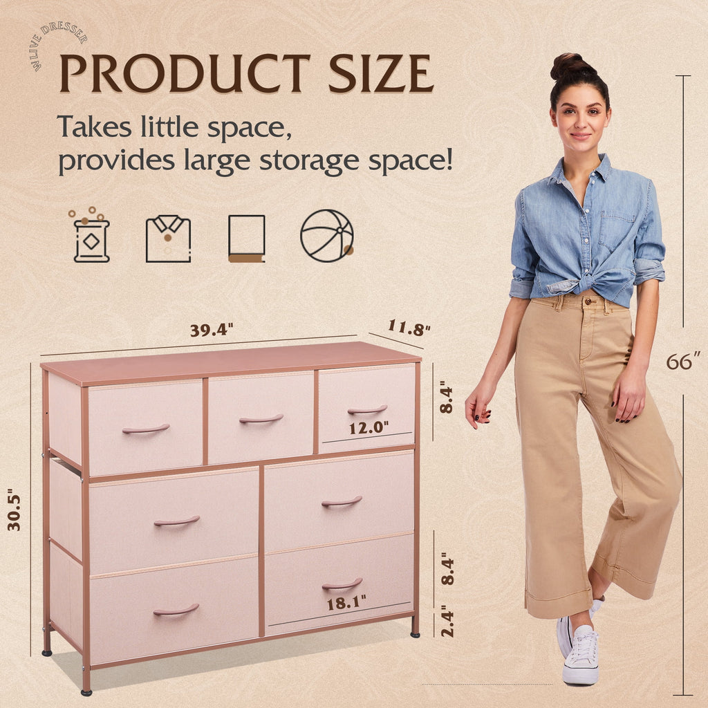 GALAXHERO 7 Drawer Dresser, TV Stands for 45" TV, Chest of Drawers with Fabric Bin for Bedroom, Living Room, Entryway