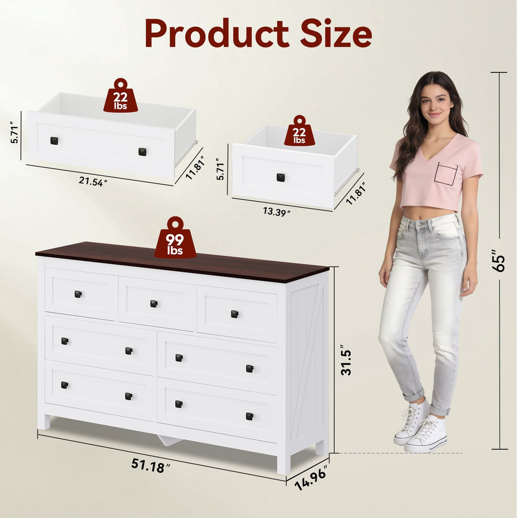 GALAXHERO Farmhouse Dresser for Bedroom, 51.18'' Wide 7 Drawer Wood Dresser, TV Stand for 65 inch TV, Wooden Chest of Drawers for Bedroom, Modern Clothes Organizer for Living Room, Hallway