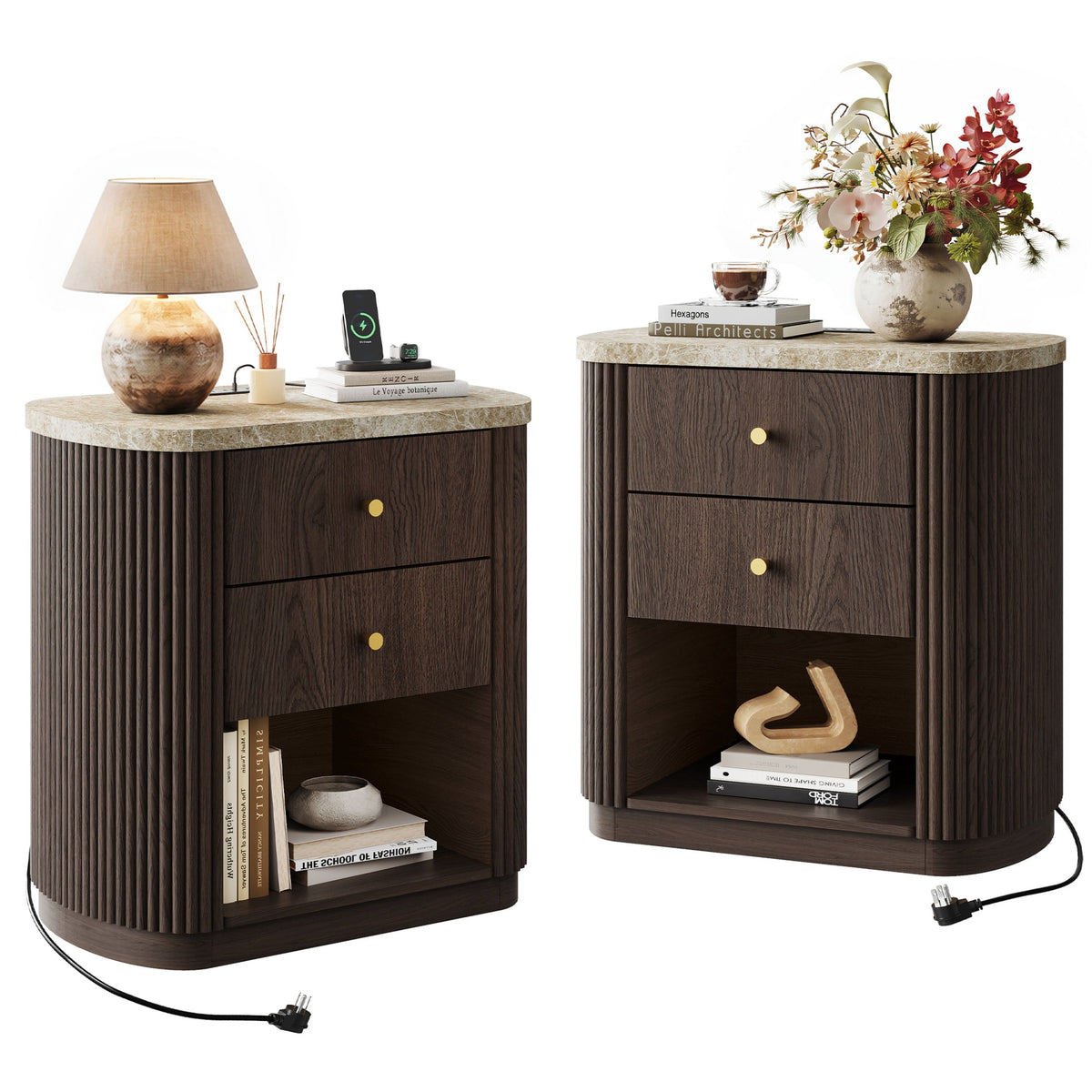 GALAXHERO Mid Century Modern Nightstand with Charging Station, 2-Drawer Fluted Wood Bedside Table with Open Shelf for Bedroom Living Room Dorm