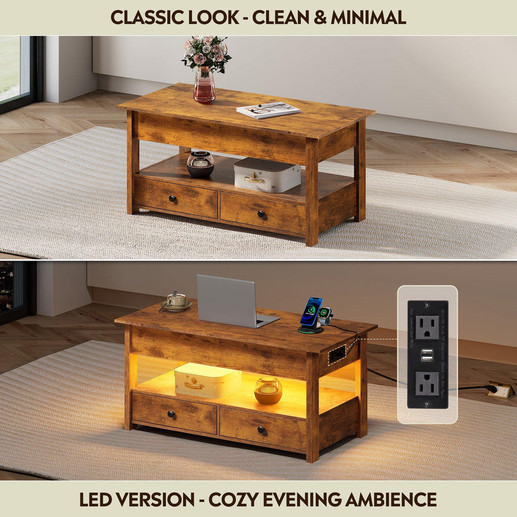 GALAXHERO Lift Top Coffee Table for Living Room Table with 2 Drawers & LED Light & Large Storage and Open Shelf