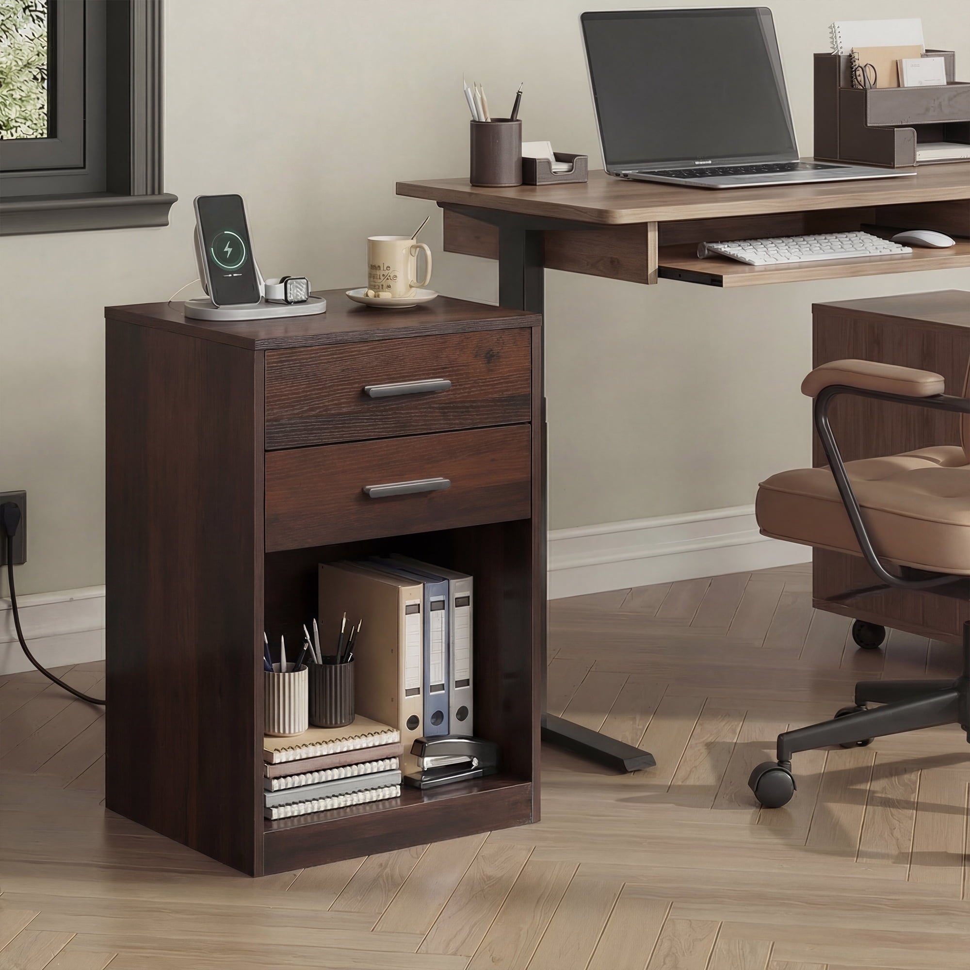 GALAXHERO Nightstand Set of 2 with Charging Station and 2 Drawers, Wood Bedside Table End Table with Open Shelf for Bedroom, Living Room