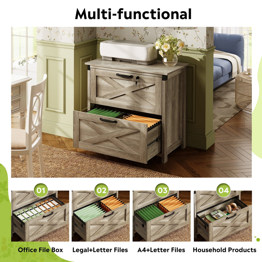 GALAXHERO 2 Drawer Lateral File Cabinet with Lock, Farmhouse Wood Filing Cabinet for Home Office, Fits Letter/Legal/A4, Printer Stand