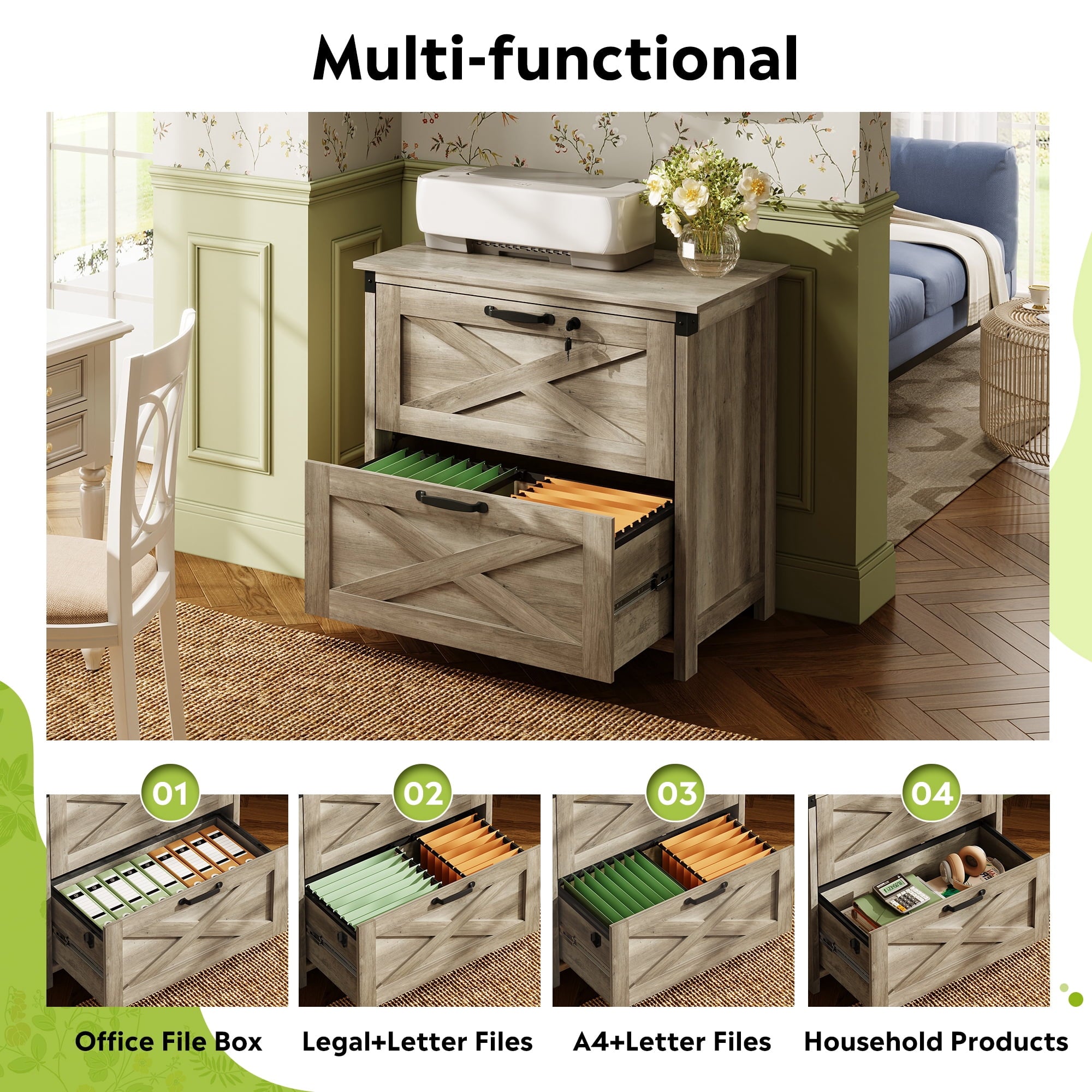 GALAXHERO 2 Drawer Lateral File Cabinet with Lock, Farmhouse Wood Filing Cabinet for Home Office, Fits Letter/Legal/A4, Printer Stand