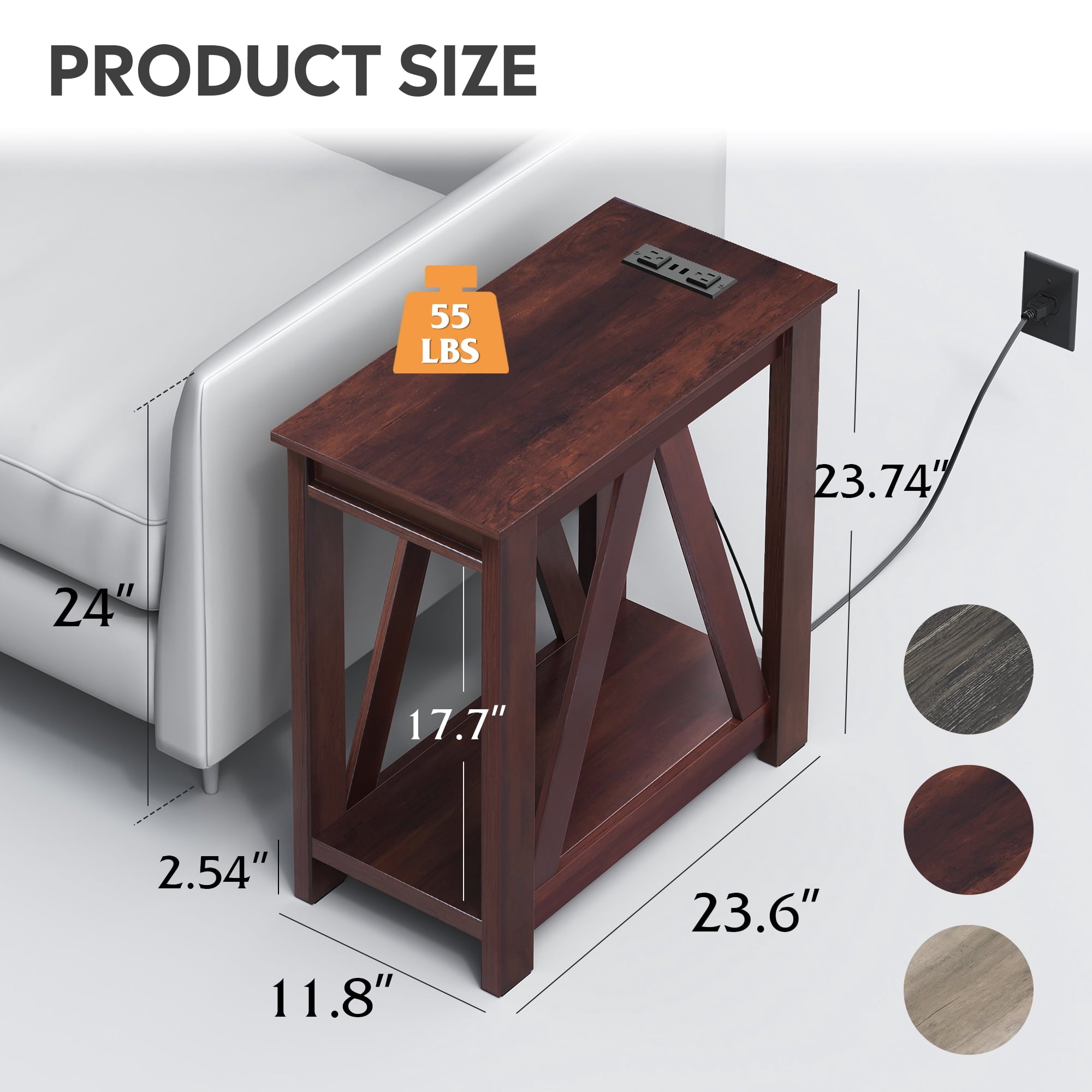 GALAXHERO Set of 2 Farmhouse End Tables with Charging Station Slim Sofa Side Tables with Open Storage Shelf End Table for Living Room Espresso