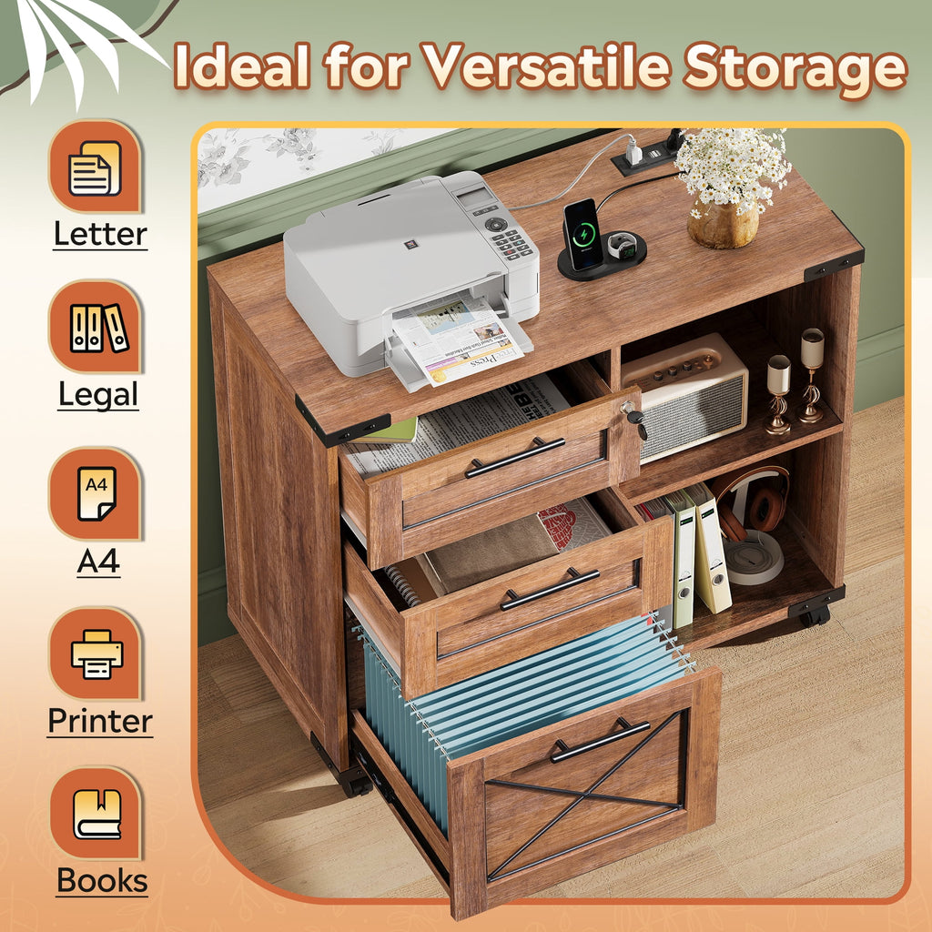 GALAXHERO 3-Drawer Locking File Cabinet, Wood Filing Cabinets with Charging Station, Rolling Printer Stand for Home Office