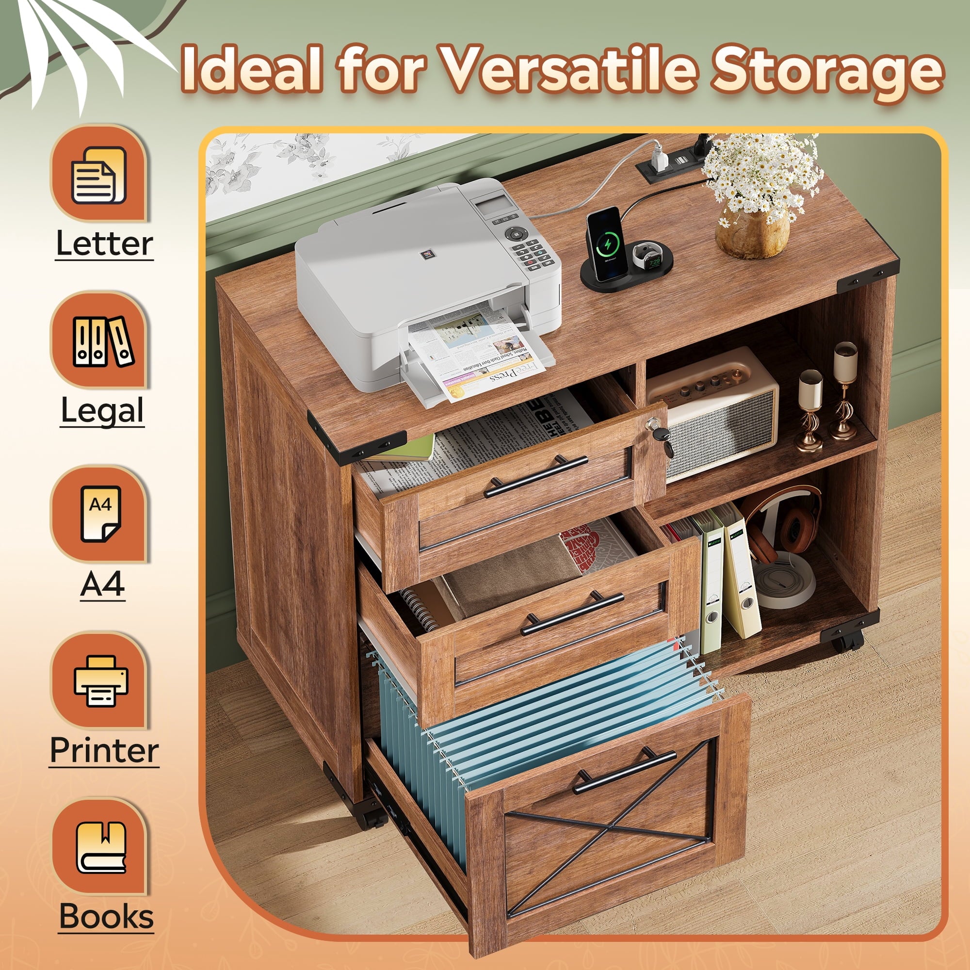 GALAXHERO 3-Drawer Locking File Cabinet, Wood Filing Cabinets with Charging Station, Rolling Printer Stand for Home Office
