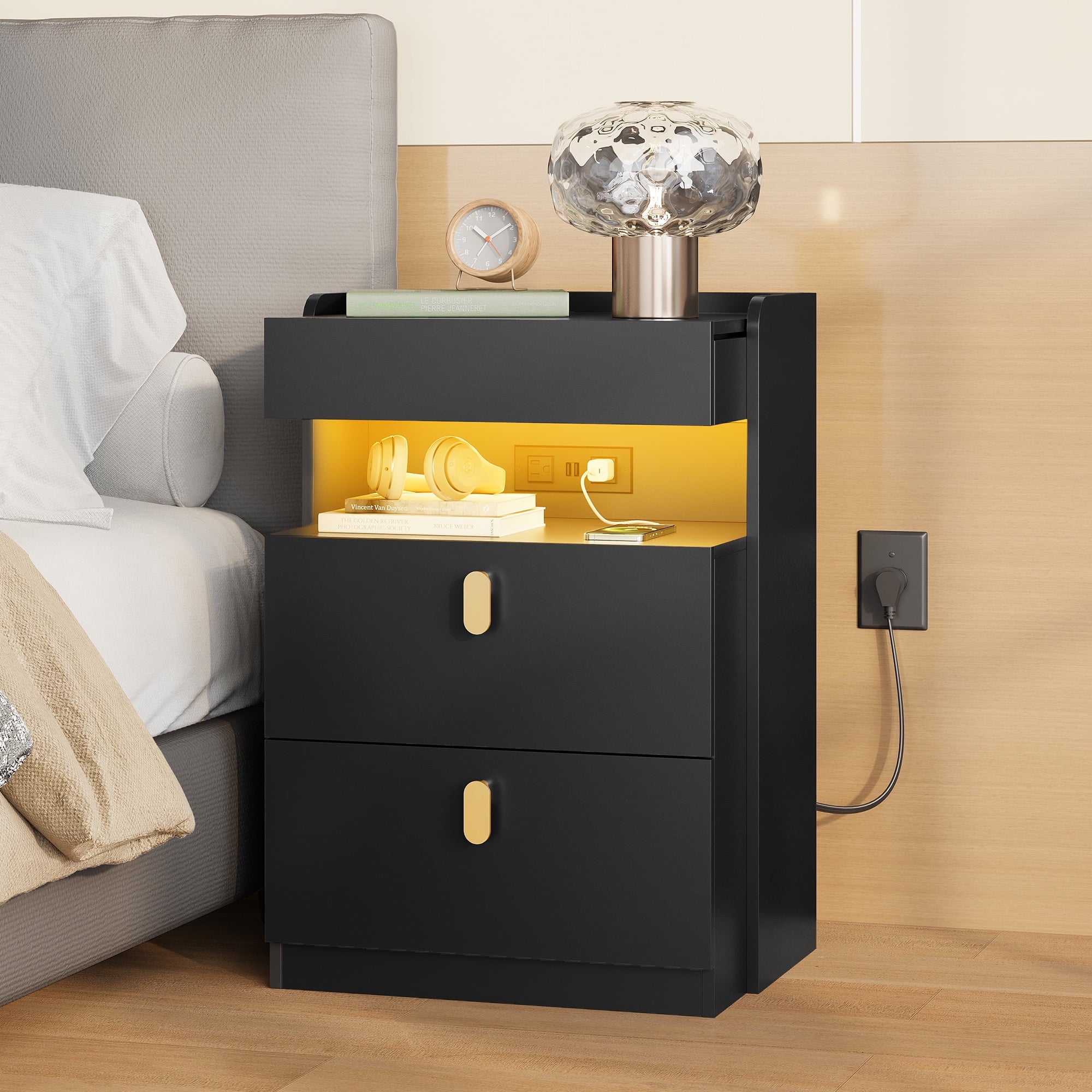 GALAXHERO 2 Drawer Nightstand with Charging Station and LED Lights, Modern Bedside Tables with Sliding Top for Bedroom, Wood End Table for Living Room, Black
