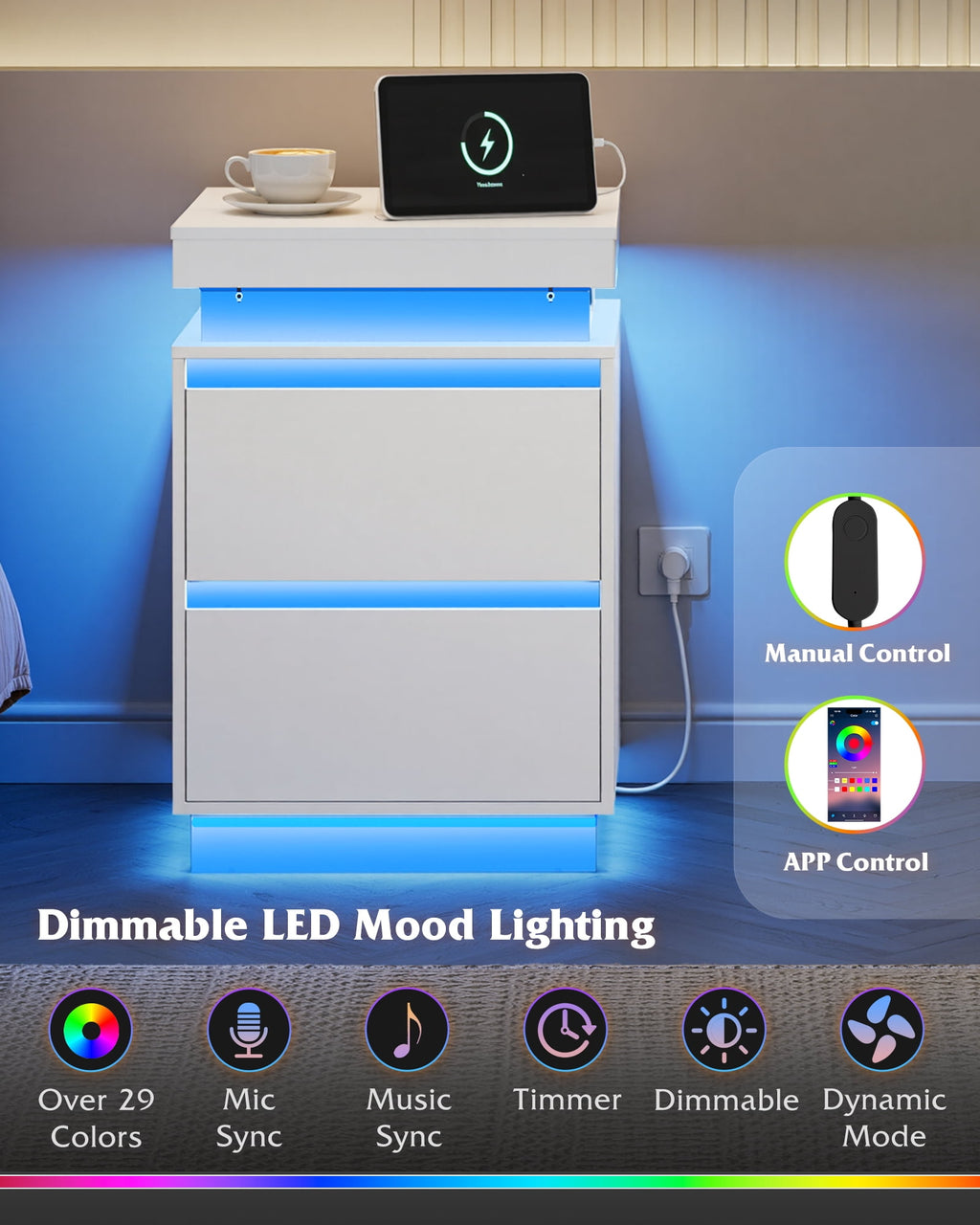 GALAXHERO  Nightstand with Charging Station and LED Lights, Modern 2 Drawers Bedside Table with Sliding Top, End Side Table for Bedroom, Living Room