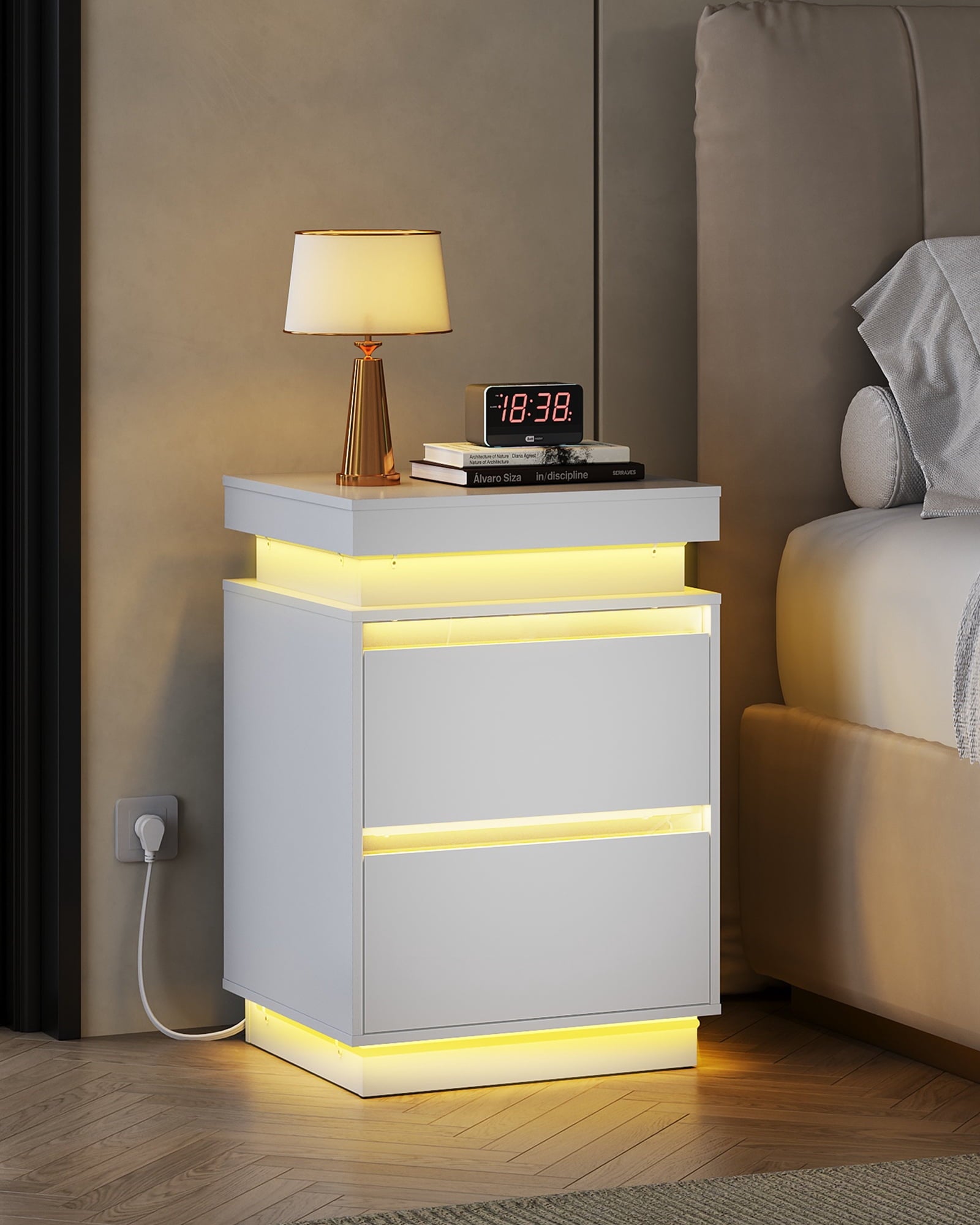 GALAXHERO Nightstand with Charging Station and LED Lights, Modern 2 Drawers Bedside Table with Sliding Top, End Side Table for Bedroom, Living Room