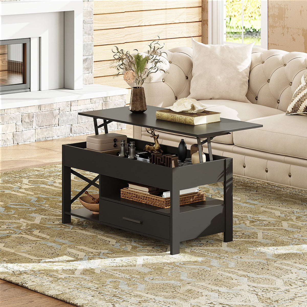 GALAXHERO Coffee Table, 39" Lift Top Coffee Table with Hidden Compartment, Storage Drawers and Storage Shelf for Living Room, Reception Room