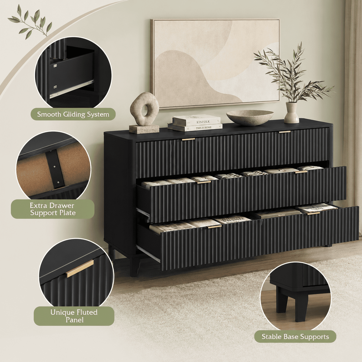 GALAXHERO 6 Drawer Dresser for Bedroom, Wide Chest of Drawers, Fluted Wood Dresser, TV Stand for 55 inch TV, Storage Cabinet for Living Room, Hallway