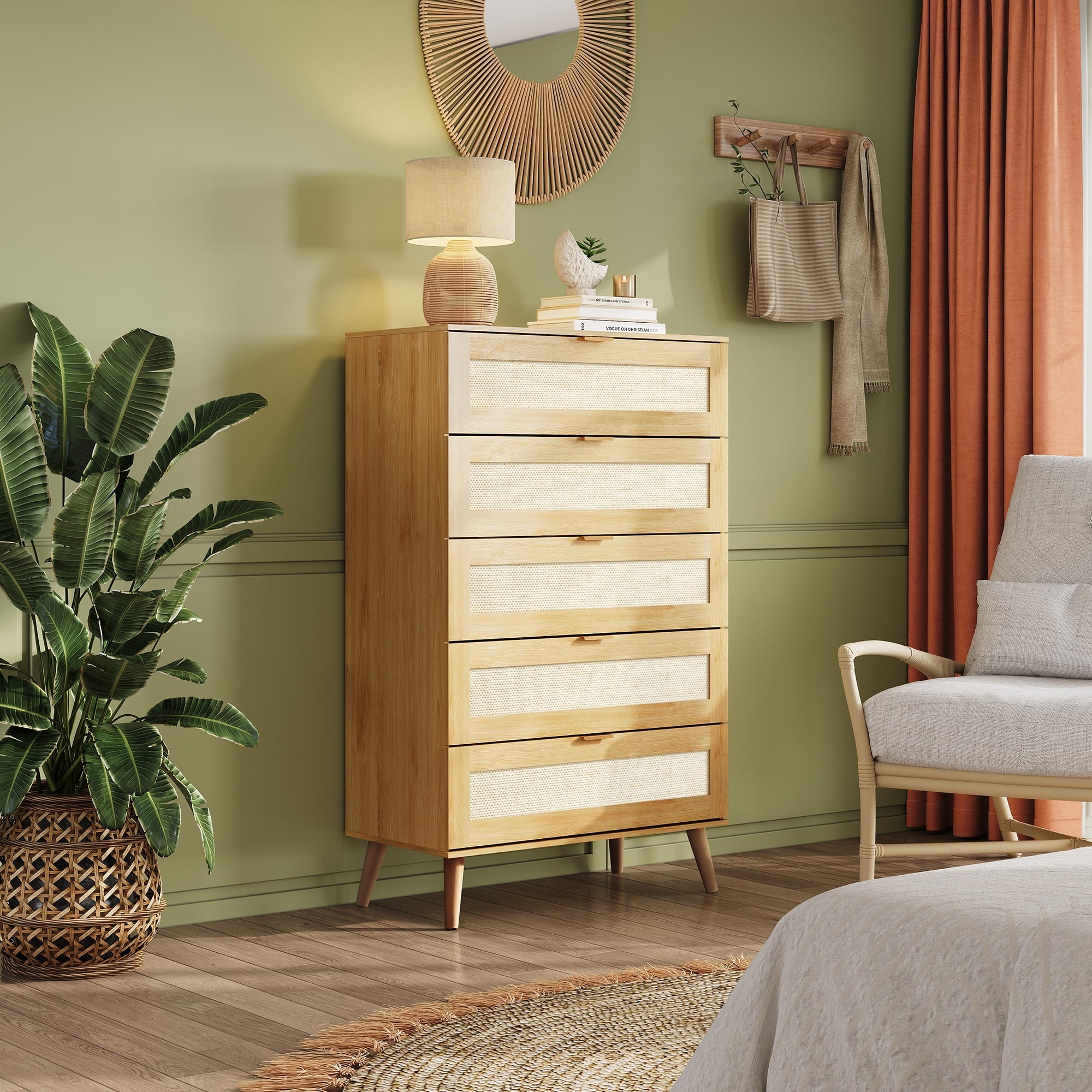 GALAXHERO Rattan 5 Drawer Dresser, Wooden Chest of Drawers, Boho Tall Dresser Closet Storage Organizer for Bedroom, Living Room, Hallway, Light Oak