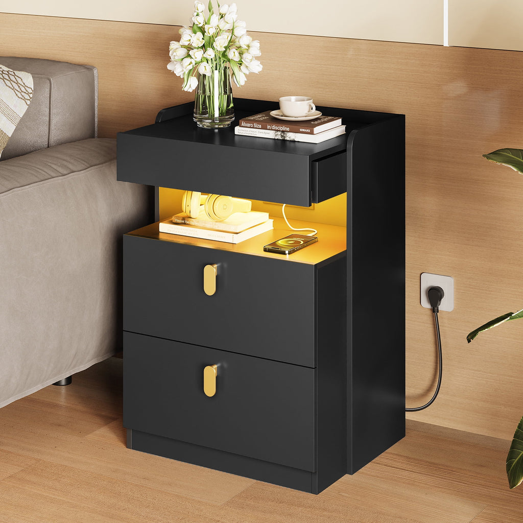 GALAXHERO 2 Drawer Nightstand with Charging Station and LED Lights, Modern Bedside Tables with Sliding Top for Bedroom, Wood End Table for Living Room, Black