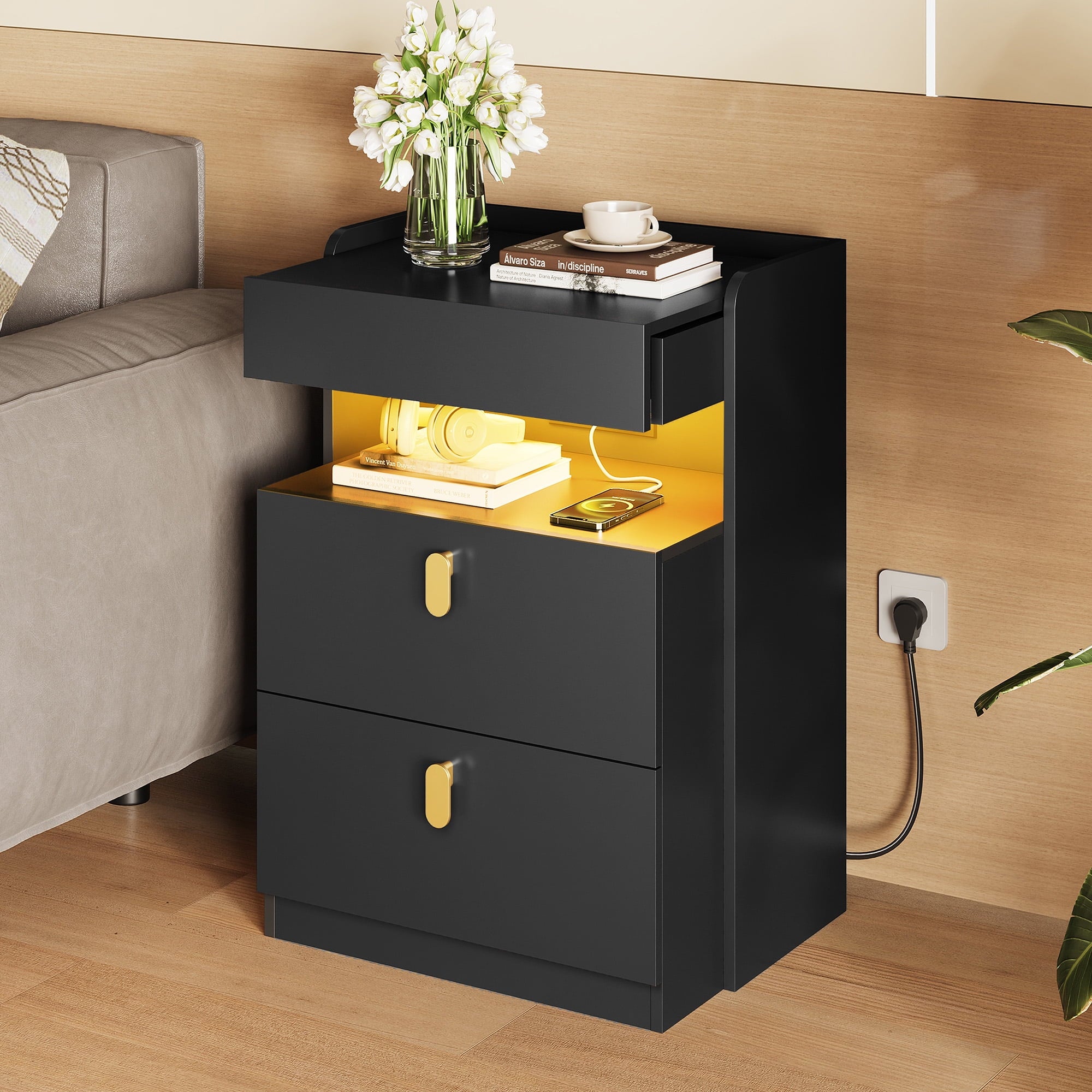 GALAXHERO 2 Drawer Nightstand with Charging Station and LED Lights, Modern Bedside Tables with Sliding Top for Bedroom, Wood End Table for Living Room, Black