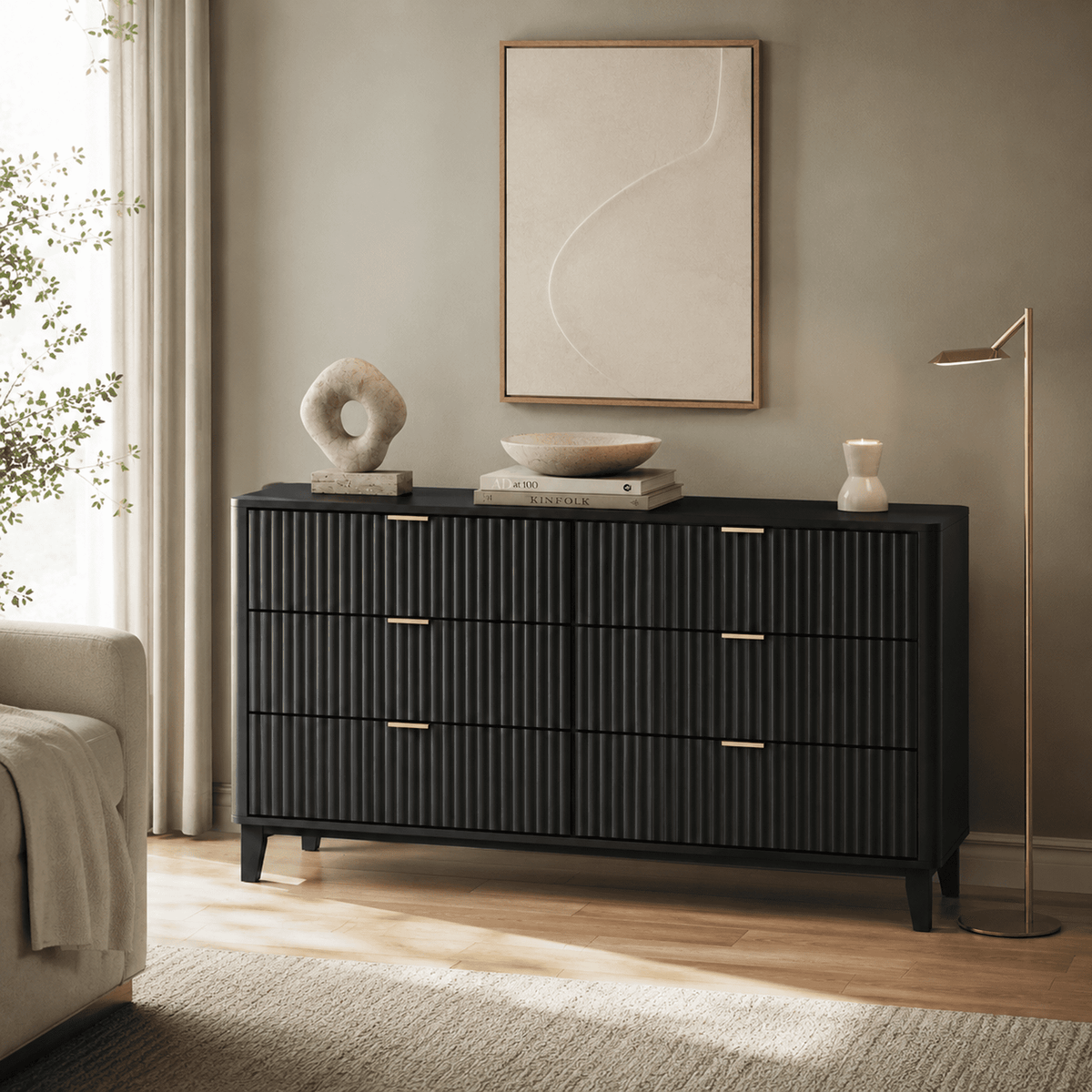 GALAXHERO 6 Drawer Dresser for Bedroom, Wide Chest of Drawers, Fluted Wood Dresser, TV Stand for 55 inch TV, Storage Cabinet for Living Room, Hallway