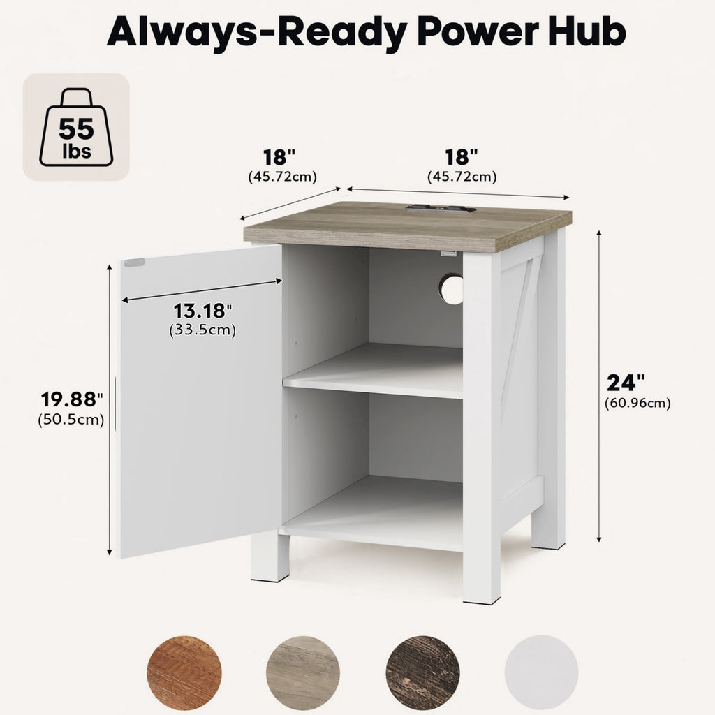 GALAXHERO Narrow Nightstand with Charging Station, Farmhouse Barn Door Wood Bedside Table & End Table with Storage for Bedroom, Living Room,Dorm