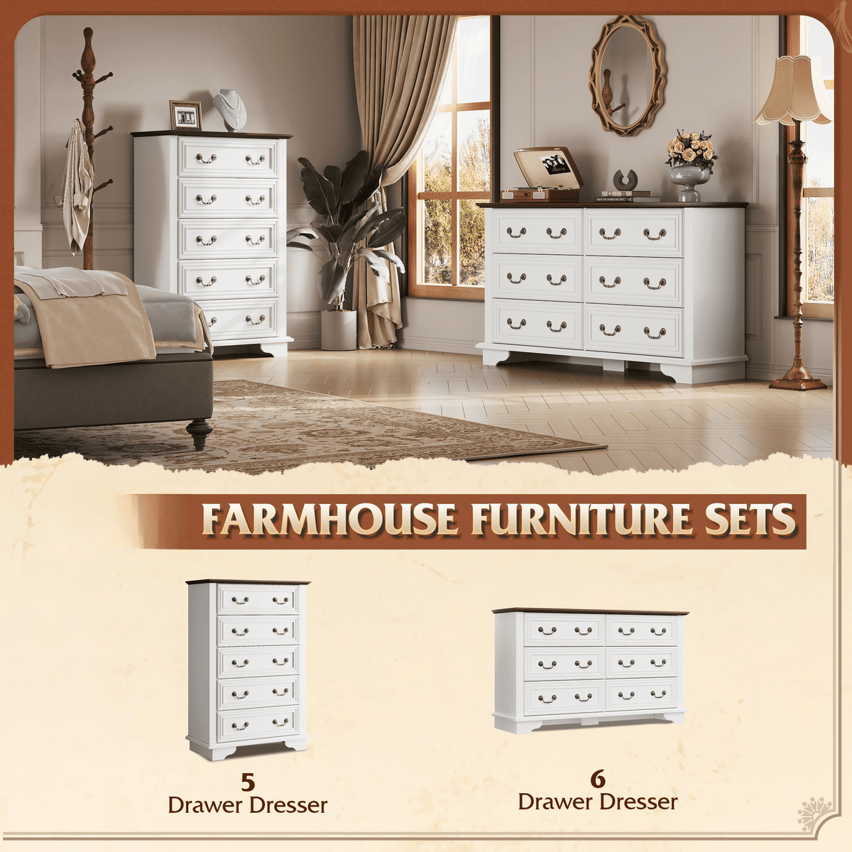 GALAXHERO Farmhouse 5 Drawers Dresser for Bedroom, Tall Wood Dresser with Roman Metal Handle, Chest of Drawers for Living Room, Hallway, Closet