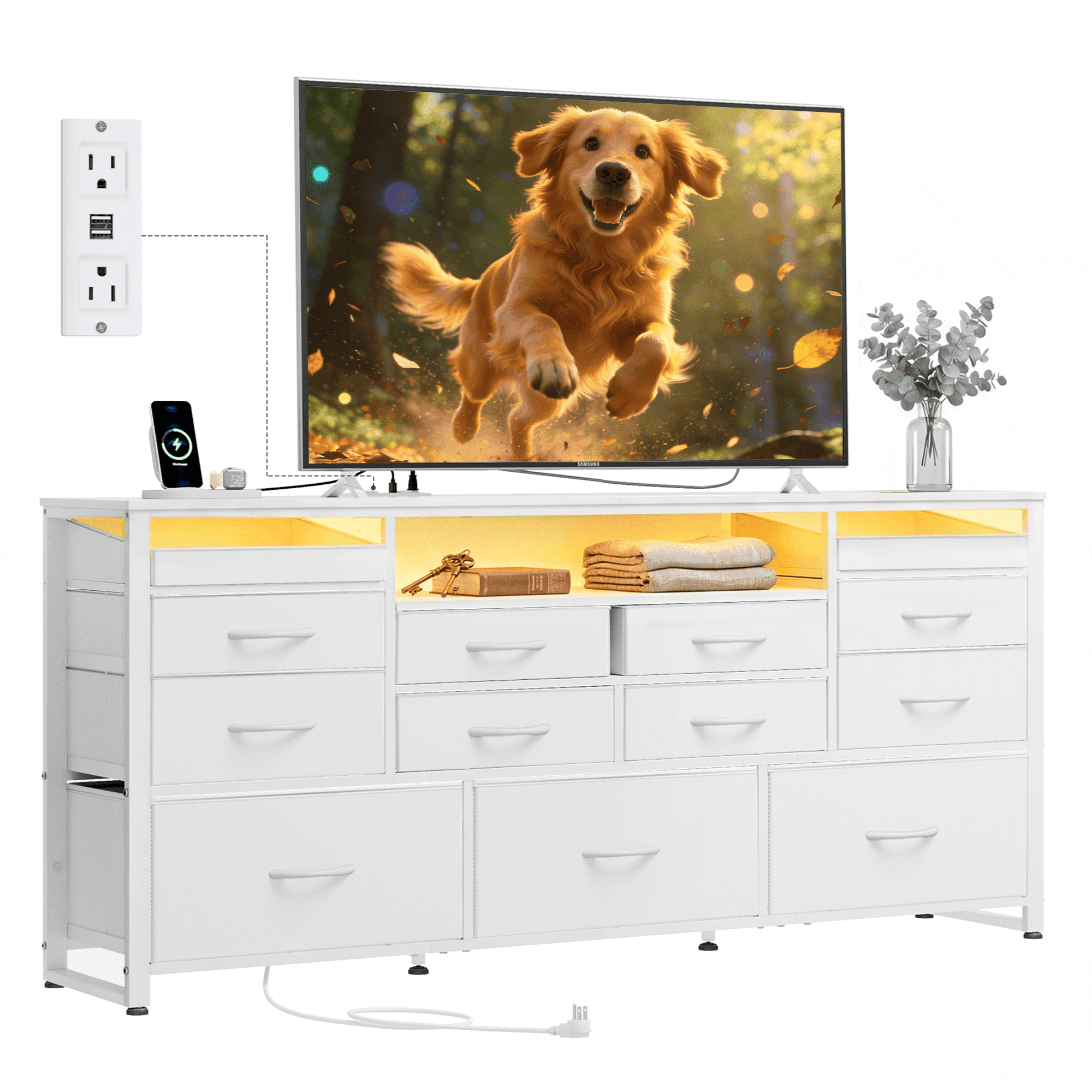GALAXHERO 13 Drawers Dresser for Bedroom, TV Stand for 65'' TV with LED Lights, Entertainment Center with Charging Station, Fabric Chest of Drawers for Living Room, Entryway