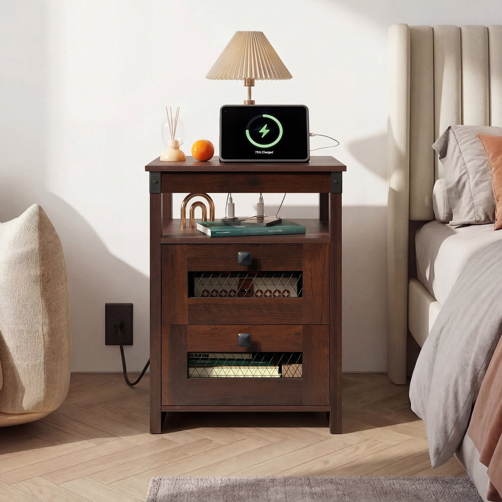 GALAXHERO Nightstand with Charging Station, Farmhouse End Table, Bed Side Table with 2 Storage Drawers and Open Shelf, Wood Rustic Nightstands for Bedroom