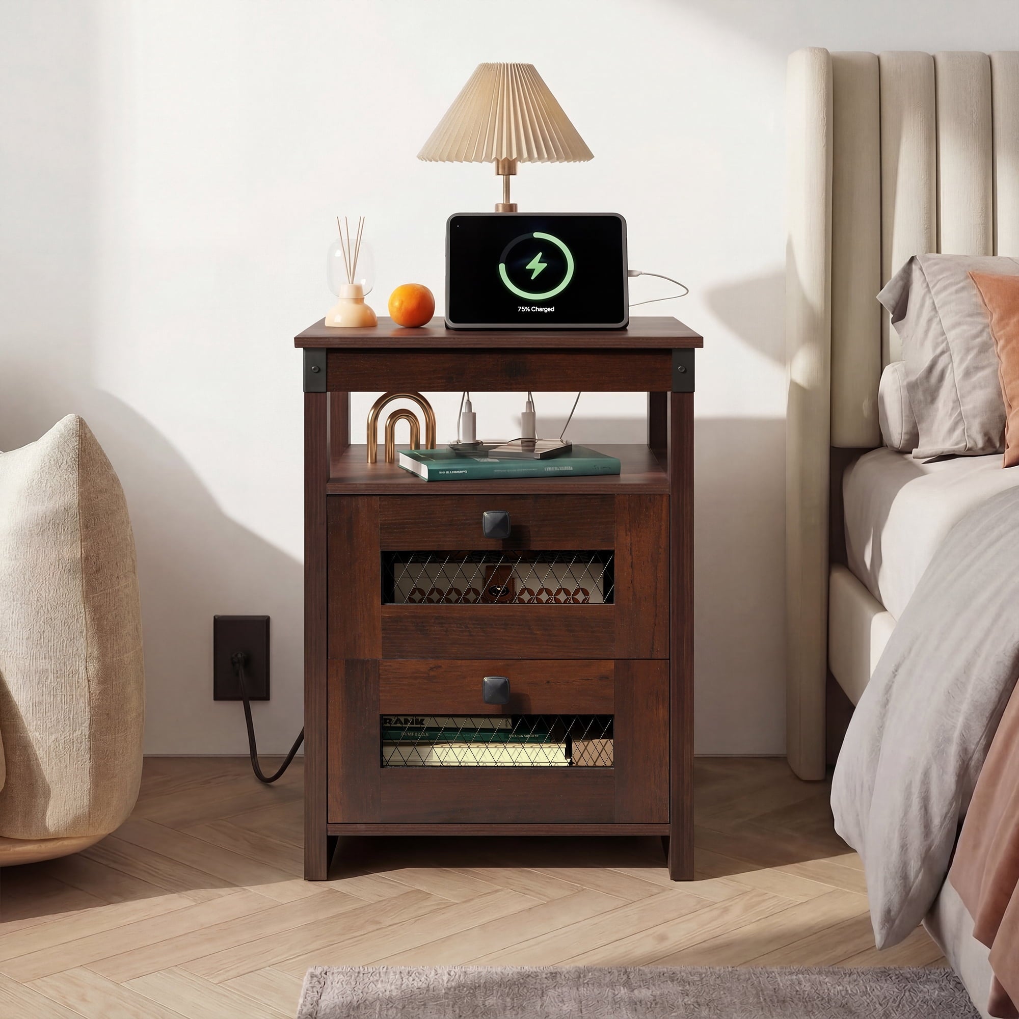 GALAXHERO Nightstand with Charging Station, Farmhouse End Table, Bed Side Table with 2 Storage Drawers and Open Shelf, Wood Rustic Nightstands for Bedroom