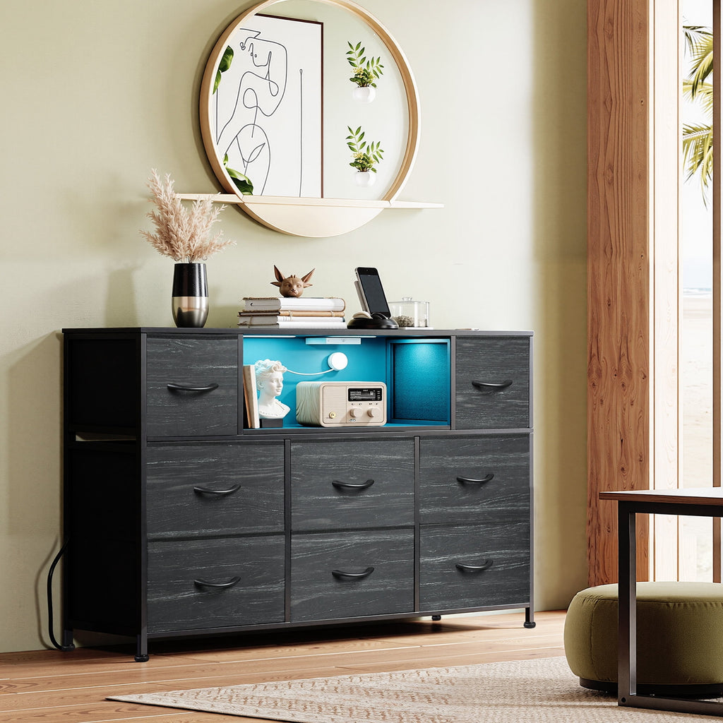 GALAXHERO 8-Drawer Dressers for Bedroom, Dresser TV Stand for 55'' TV with LED Lights and Power Outlets, Fabric Chest of Drawers for Living Room, Entryway