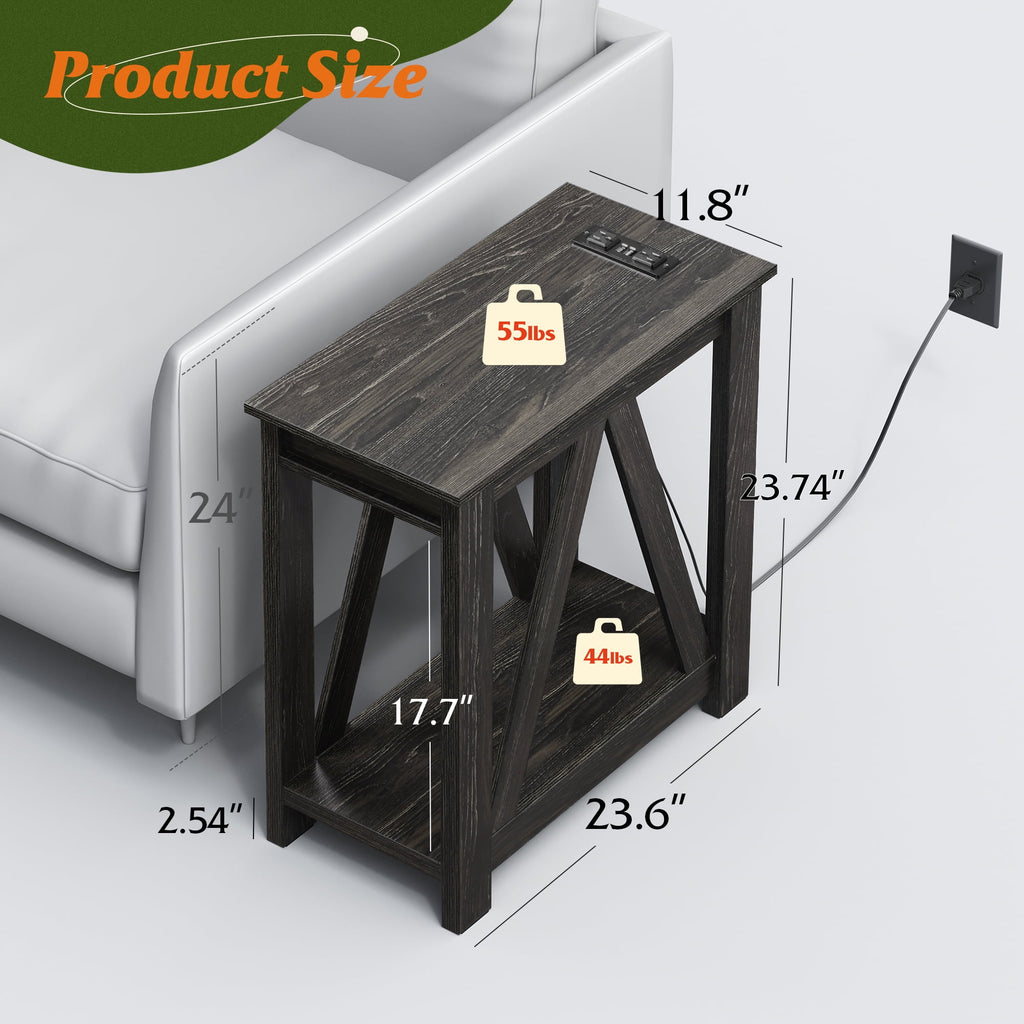 GALAXHERO Narrow End Table with Charging Station of Open Storage Shelf, Sofa Side Table with 2 USB Ports and 2 Power Outlets, Slim Farmhouse End Table for Small Spaces, Bedroom, Living Room