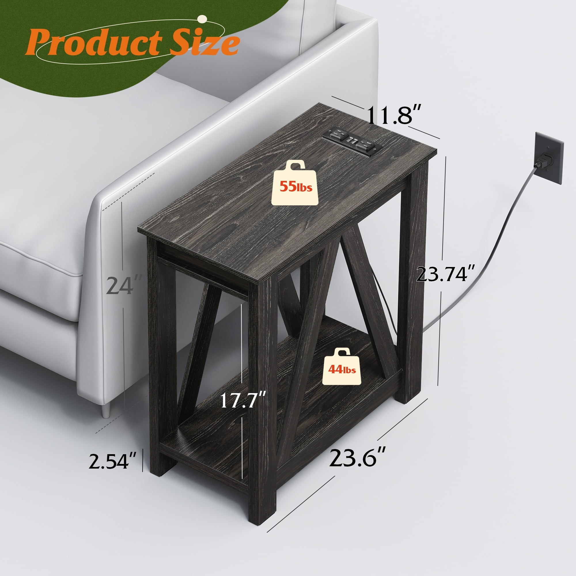 GALAXHERO Narrow End Table with Charging Station of Open Storage Shelf, Sofa Side Table with 2 USB Ports and 2 Power Outlets, Slim Farmhouse End Table for Small Spaces, Bedroom, Living Room
