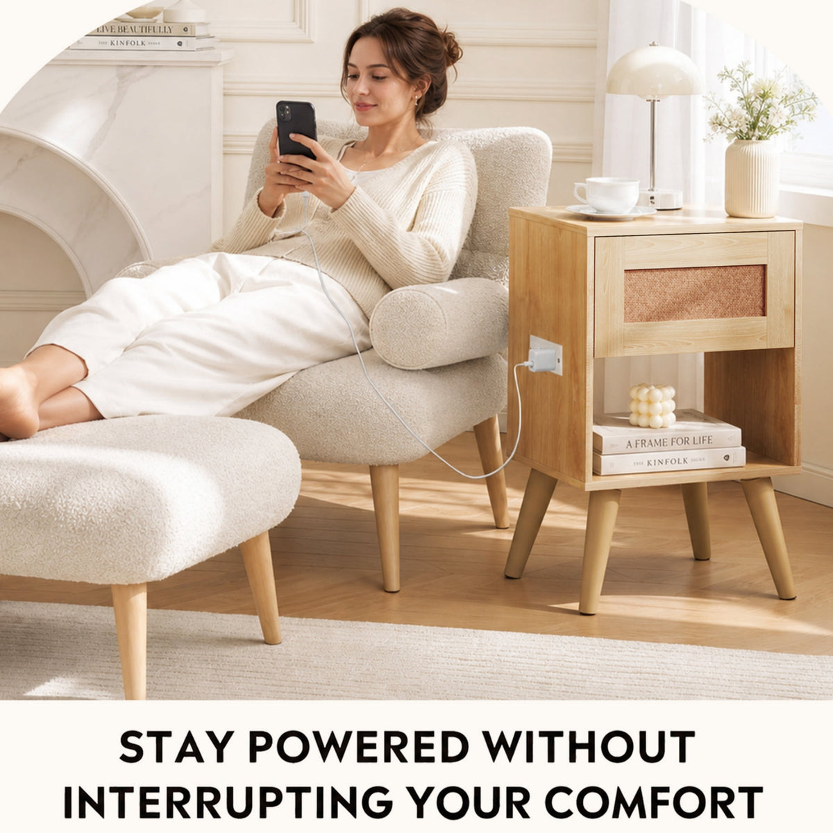 GALAXHERO Nightstand Set of 2 with Charging Station, Boho Rattan Bedside Table with Drawer,End Table With Open Shelf for Bedroom Living Room Dorm