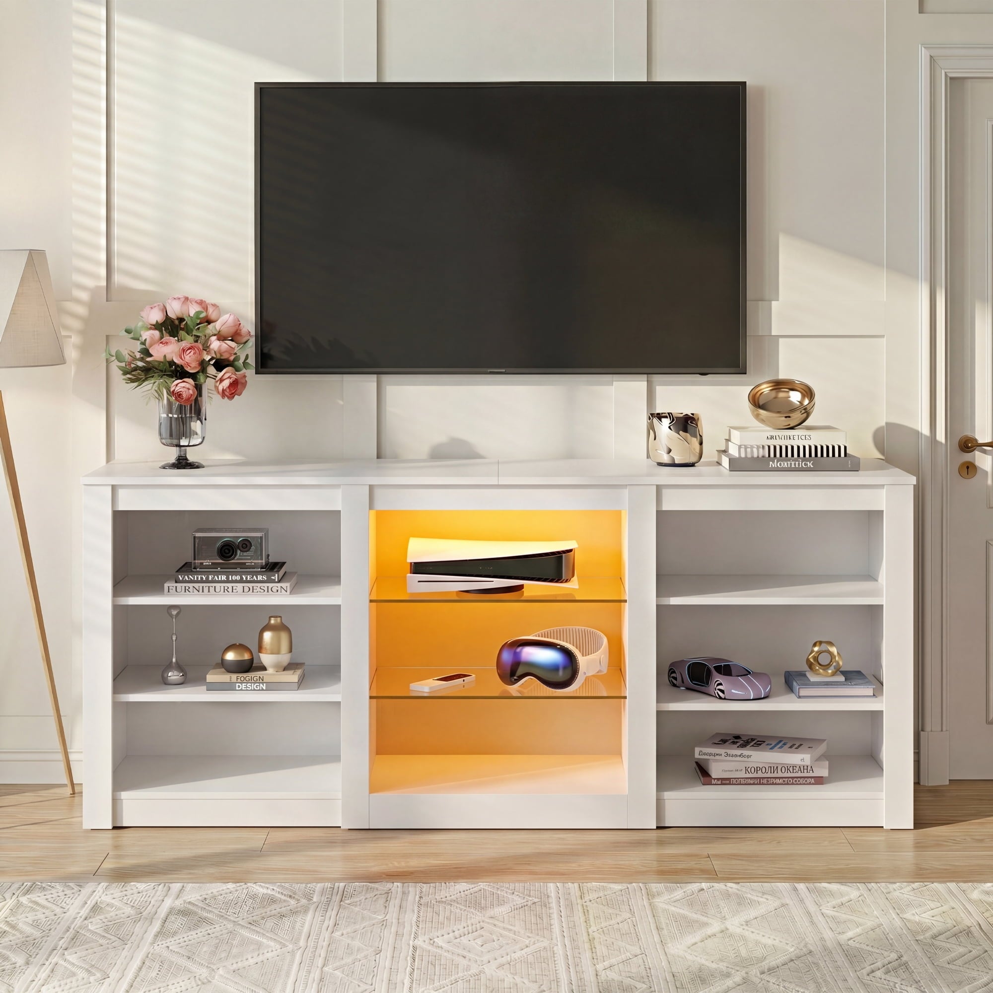 GALAXHERO Modern TV Stand for 65 Inch TV Entertainment Center with Adjustable Open Shelves & LED Lights Sturdy Media Console for Living Room, Bedroom, Gaming