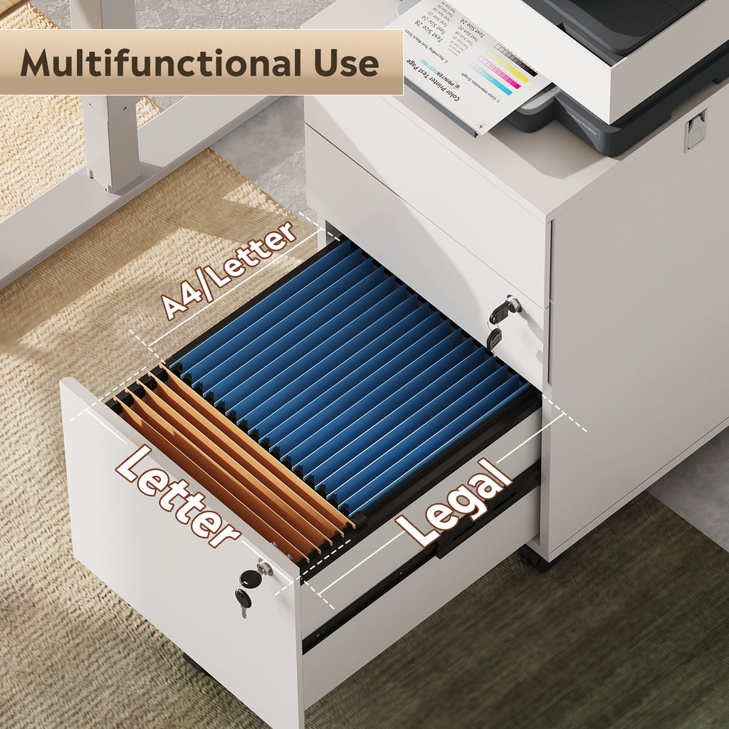 GALAXHERO 3 Drawers Storage Cabinet with Lock, Rolling Wood File Cabinet, Vertical Filing Cabinet for Home Office, Fits Letter/A4