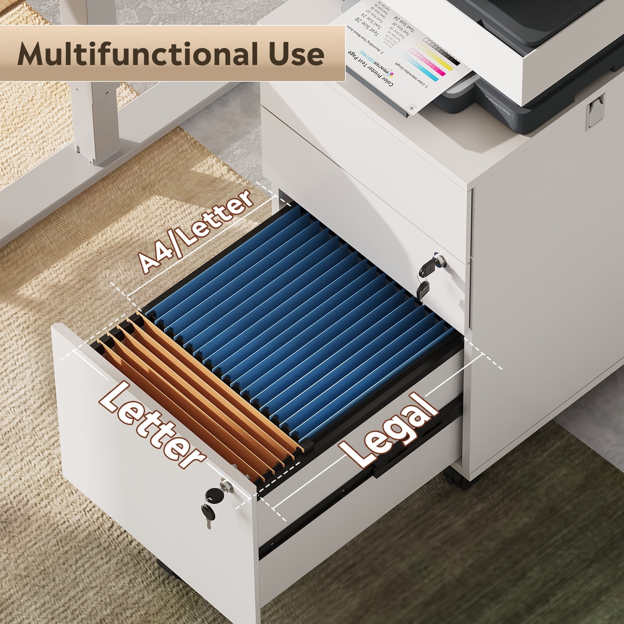GALAXHERO 3 Drawers Storage Cabinet with Lock, Rolling Wood File Cabinet, Vertical Filing Cabinet for Home Office, Fits Letter/A4