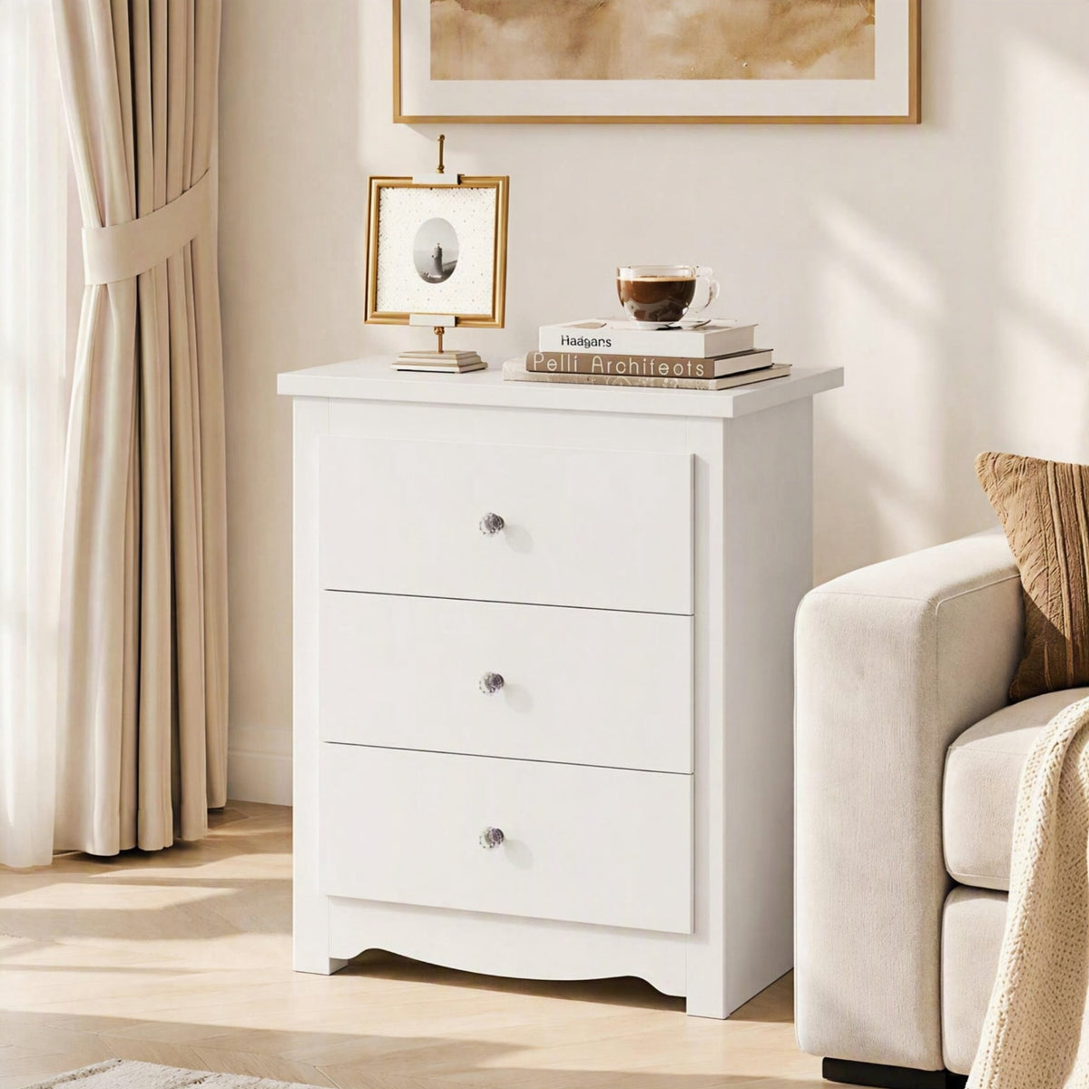 GALAXHERO Nightstand with Charging Station, 3-Drawer Tall Wood Bedside Table & End Table for Bedroom Living Room Dorm