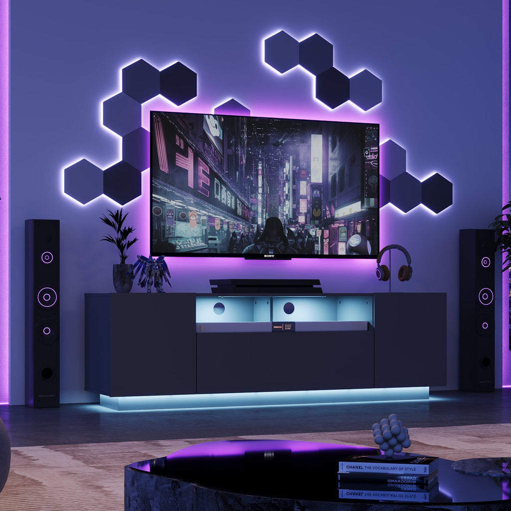 GALAXHERO TV Stand for 50-65 Inch TVs, 65" Entertainment Center with LED Lights, Modern TV Console with Storage Cabinet for Living Room & Bedroom, White