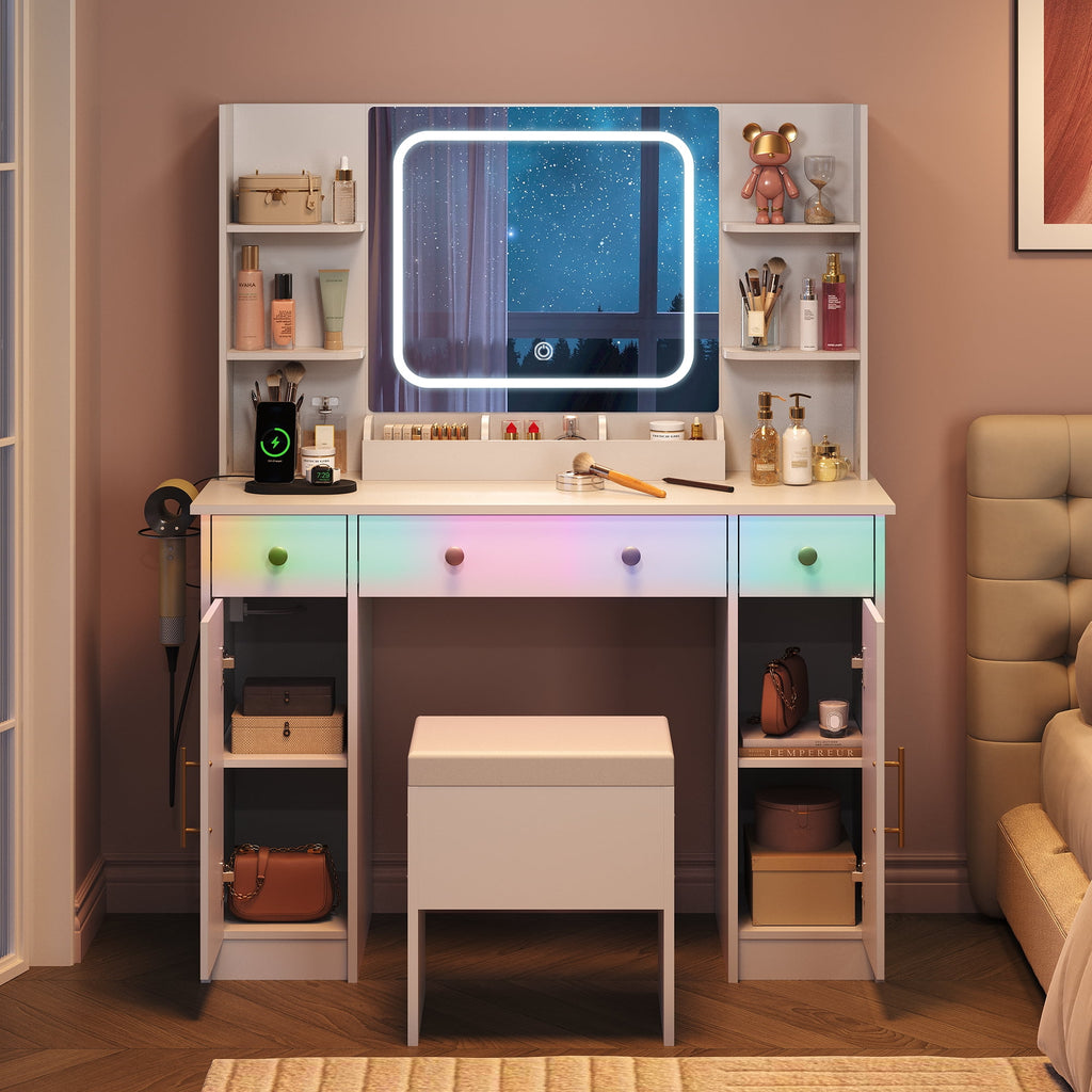 GALAXHERO White Vanity Desk with Lighted Mirror and Chair, RGB Lights, Charging Station, Makeup Table with 3 Drawers and 2 Cabinets, Vanity Stools with Storage for Bedroom