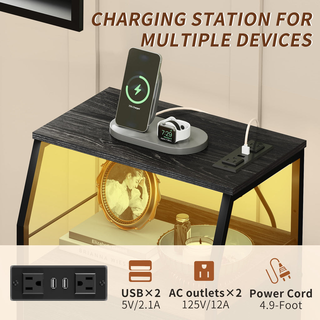 GALAXHERO 4 Drawer Dresser for Bedroom, Nightstand with Charging Station and LED, Tall Bedside Table with Storage Shelfs