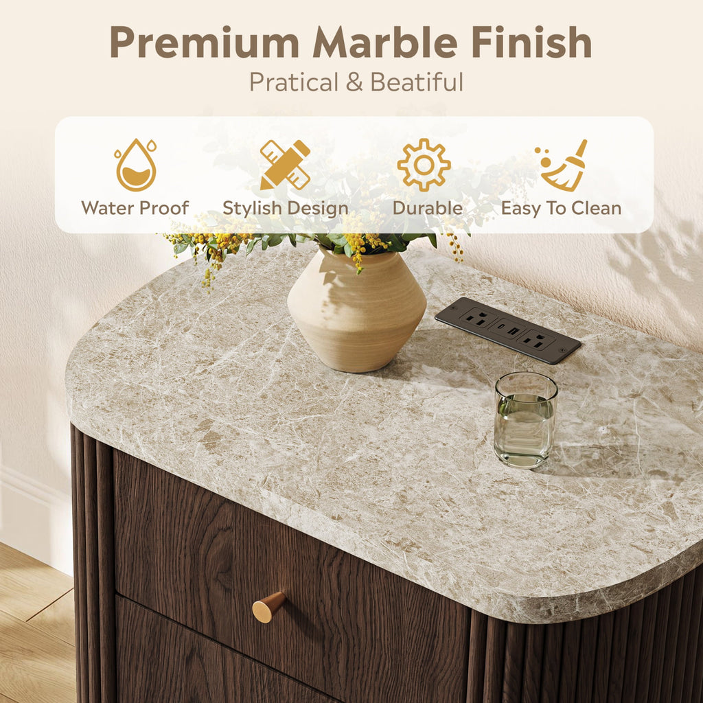 GALAXHERO Mid Century Modern Nightstand with Charging Station, 2-Drawer Fluted Wood Bedside Table with Open Shelf for Bedroom Living Room Dorm