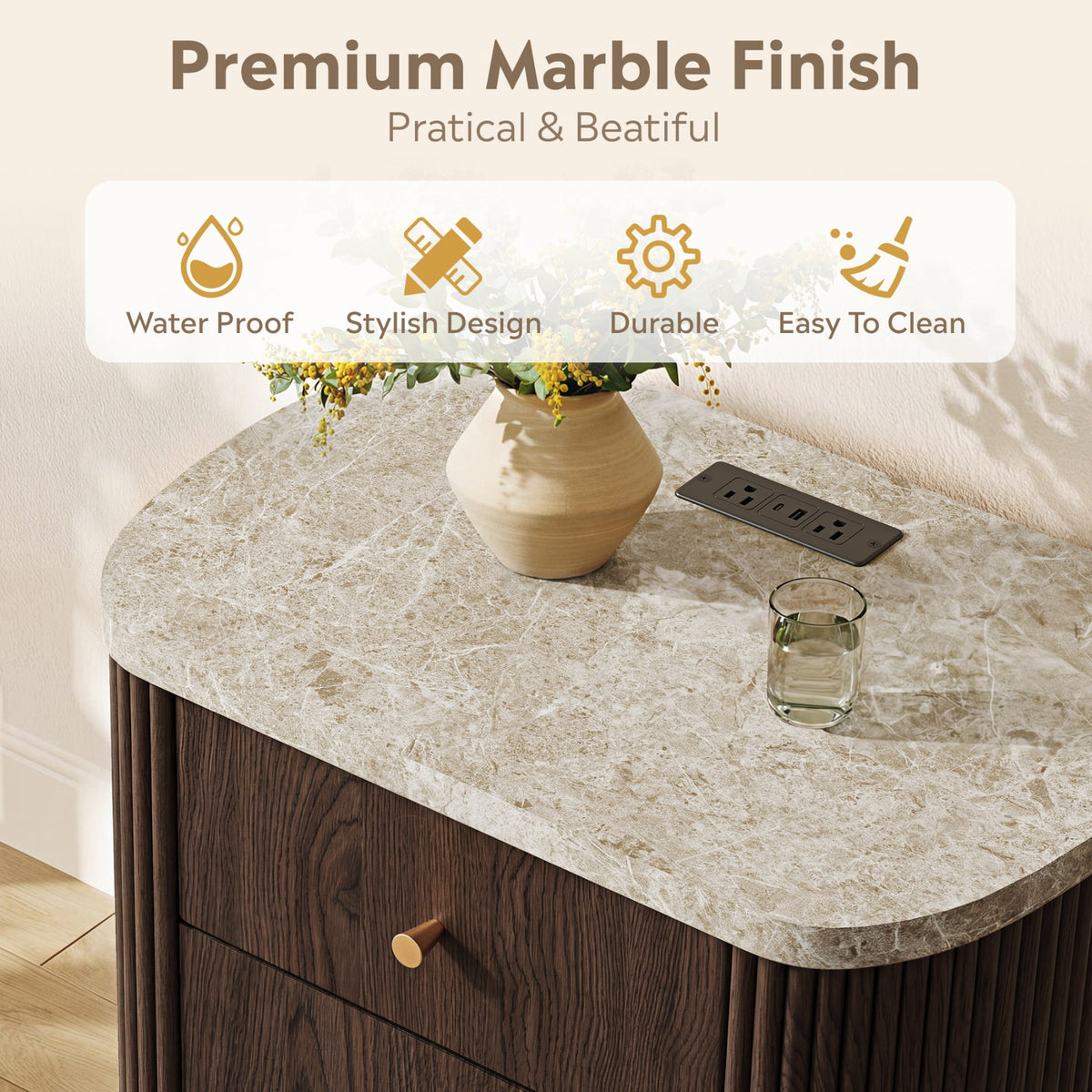 GALAXHERO Mid Century Modern Nightstand with Charging Station, 2-Drawer Fluted Wood Bedside Table with Open Shelf for Bedroom Living Room Dorm