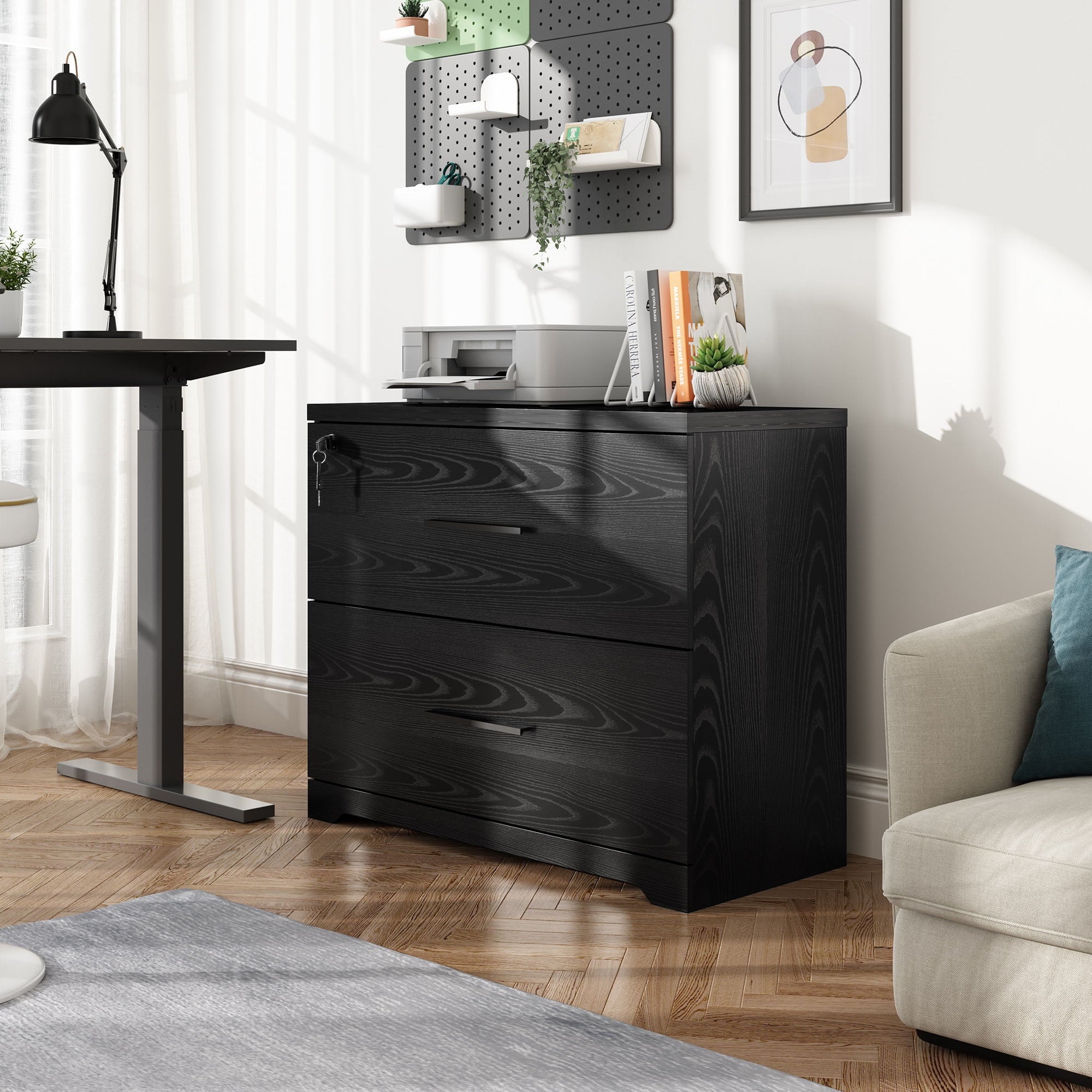 GALAXHERO 2-Drawer Wood Lateral File Cabinet with Lock for Home Office, Black