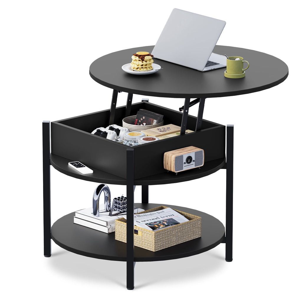 GALAXHERO Round Lift Top Coffee Table with Hidden Compartment and Storage Shelf, Farmhouse Small Coffee Table with 2 Tier for Living Room