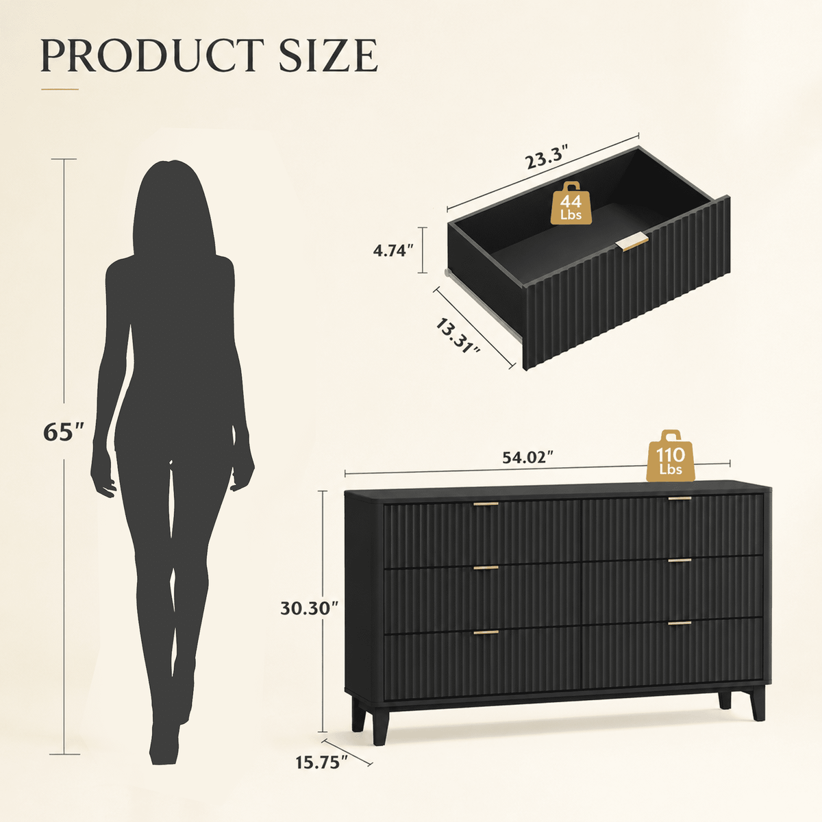 GALAXHERO 6 Drawer Dresser for Bedroom, Wide Chest of Drawers, Fluted Wood Dresser, TV Stand for 55 inch TV, Storage Cabinet for Living Room, Hallway