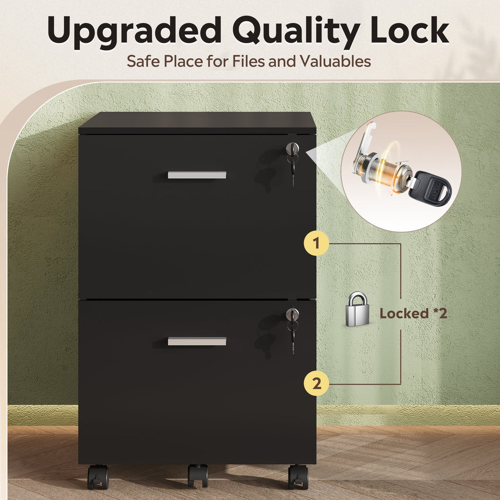 GALAXHERO 2 Drawer Filing Cabinet with Lock, Wooden Printer Stand with Storage for Home Office, Mobile Locking File Cabinet Fits Letter/A4 Hanging Files