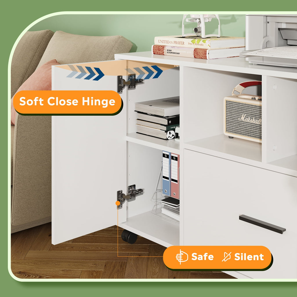GALAXHERO Lateral File Cabinet with Lock, Rolling Wood Cabinet for Home Office, Printer Stand with Shelf, Fit Legal/A4 Size