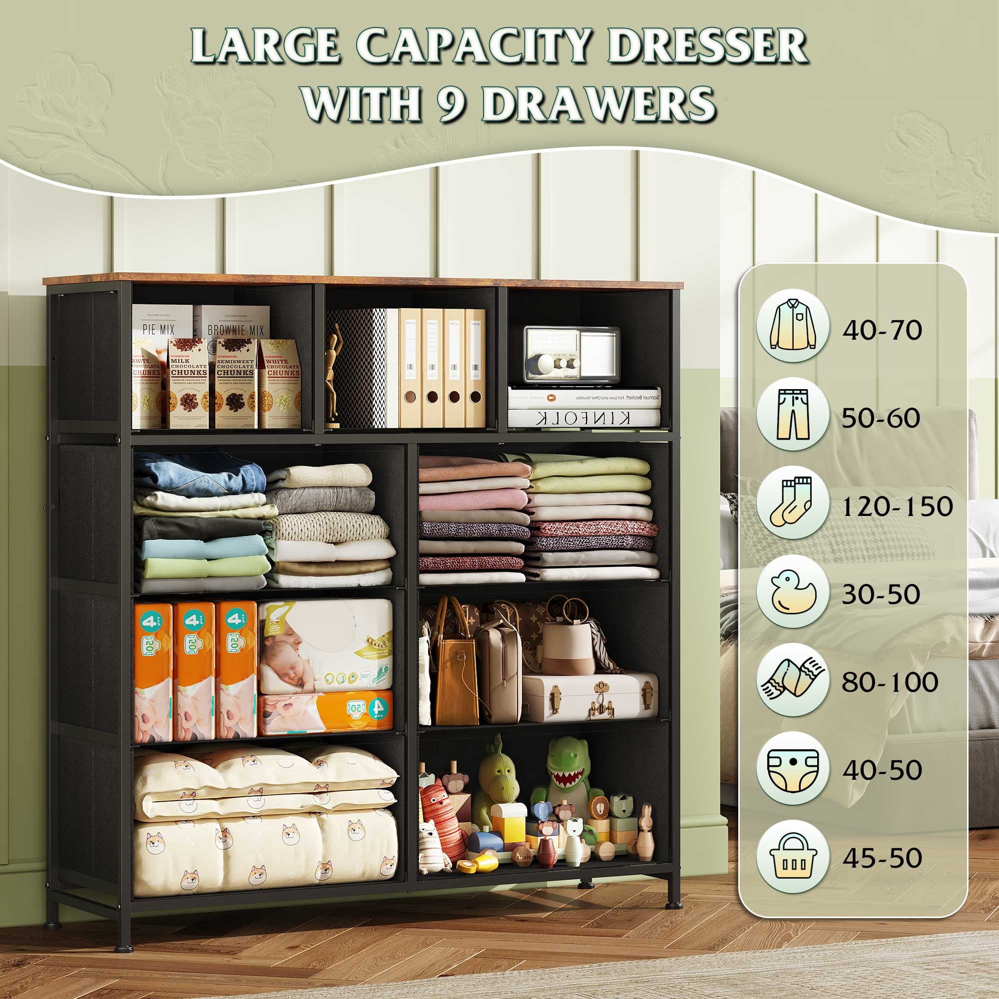 GALAXHERO 9-Drawer Fabric Dresser, Tall Storage Tower for Bedroom, Hallway, Entryway, Closet, Chest Organizer Unit with Fabric Bins, Steel Frame, Wood Top, Wood Grain Print